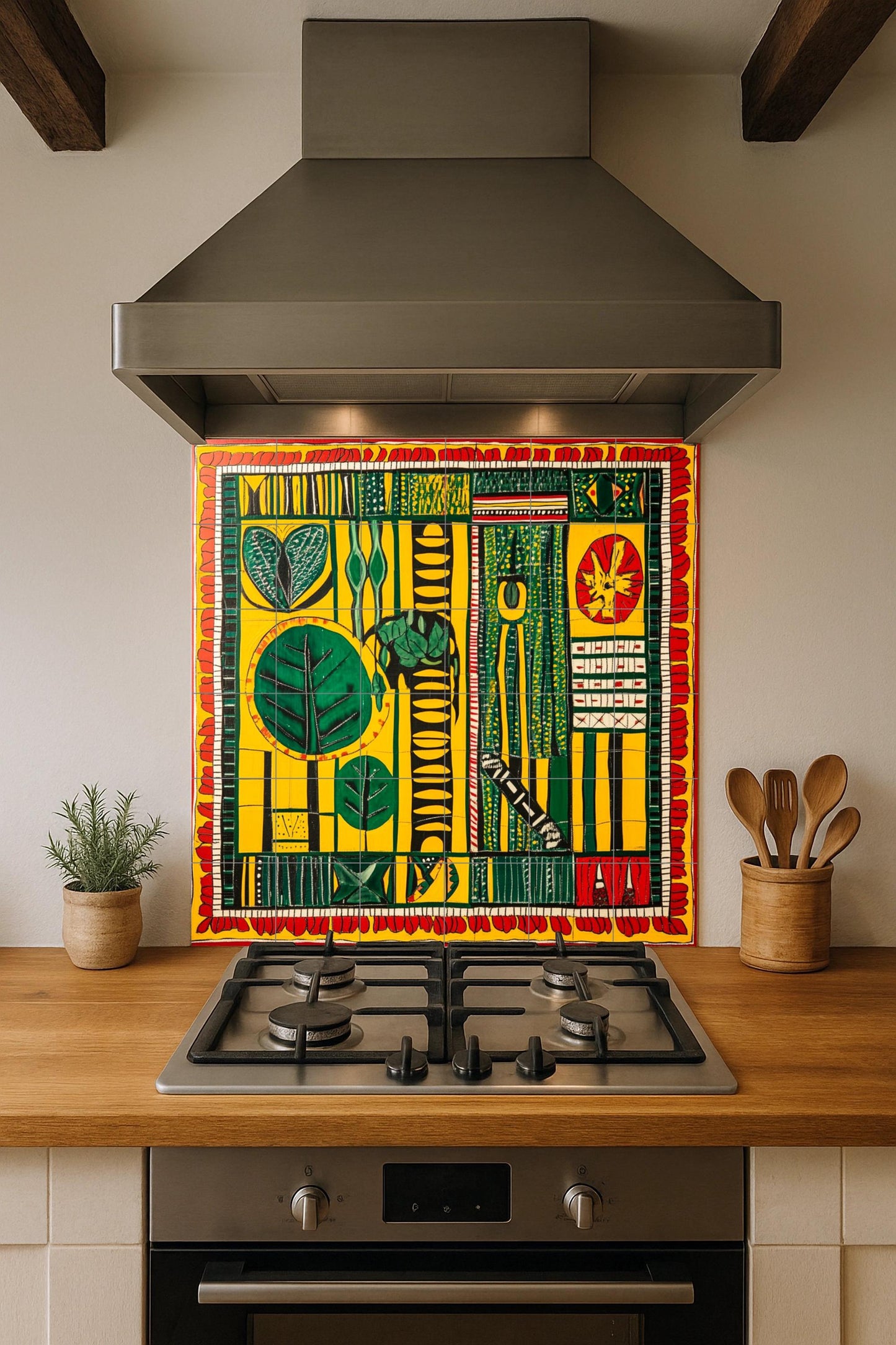 Senegalese wax fabric ceramic mural: African textile-inspired mural art with bold geometric motifs in vibrant yellow, green, and red patterns.