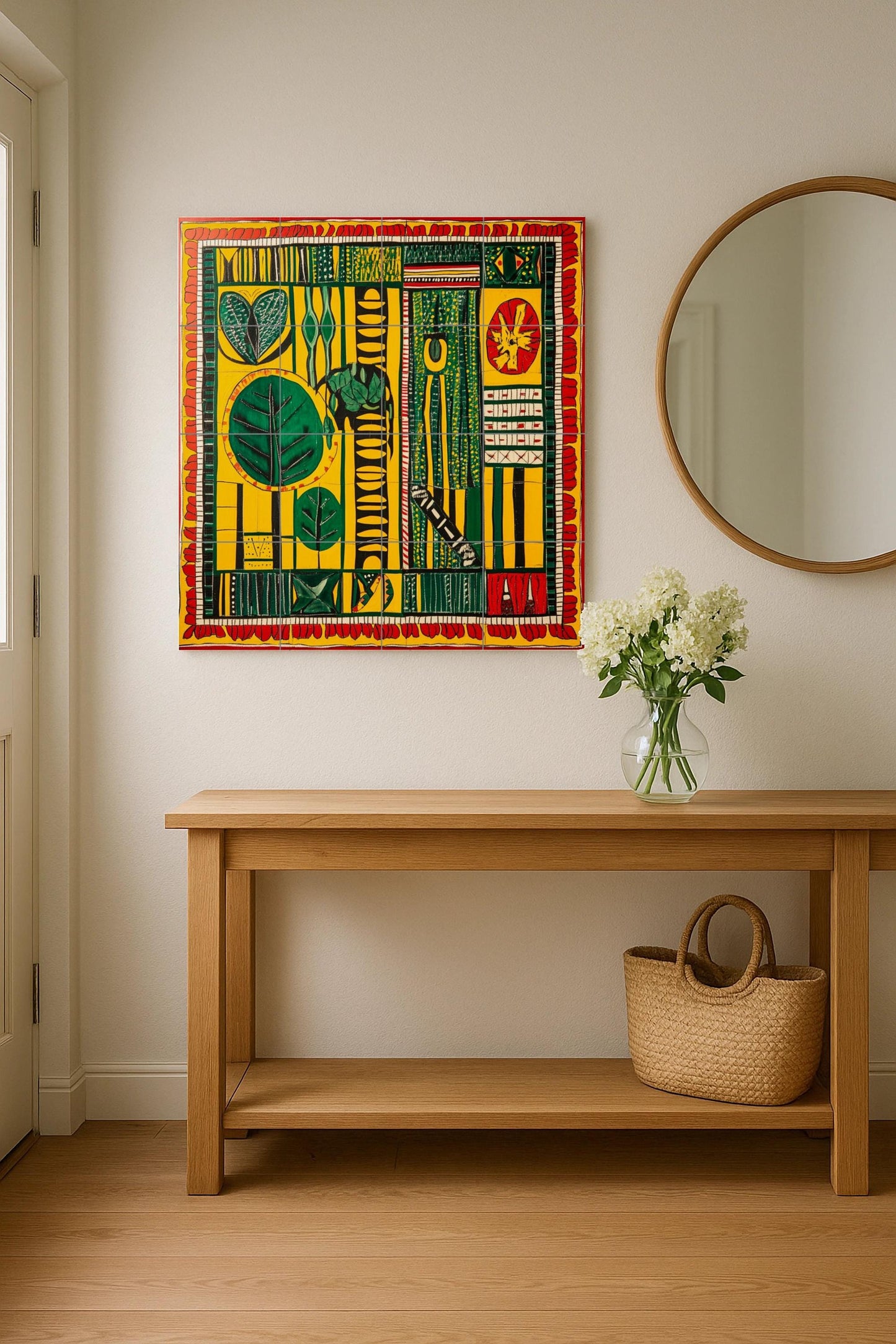 Senegalese wax fabric ceramic mural: African textile-inspired mural art with bold geometric motifs in vibrant yellow, green, and red patterns.