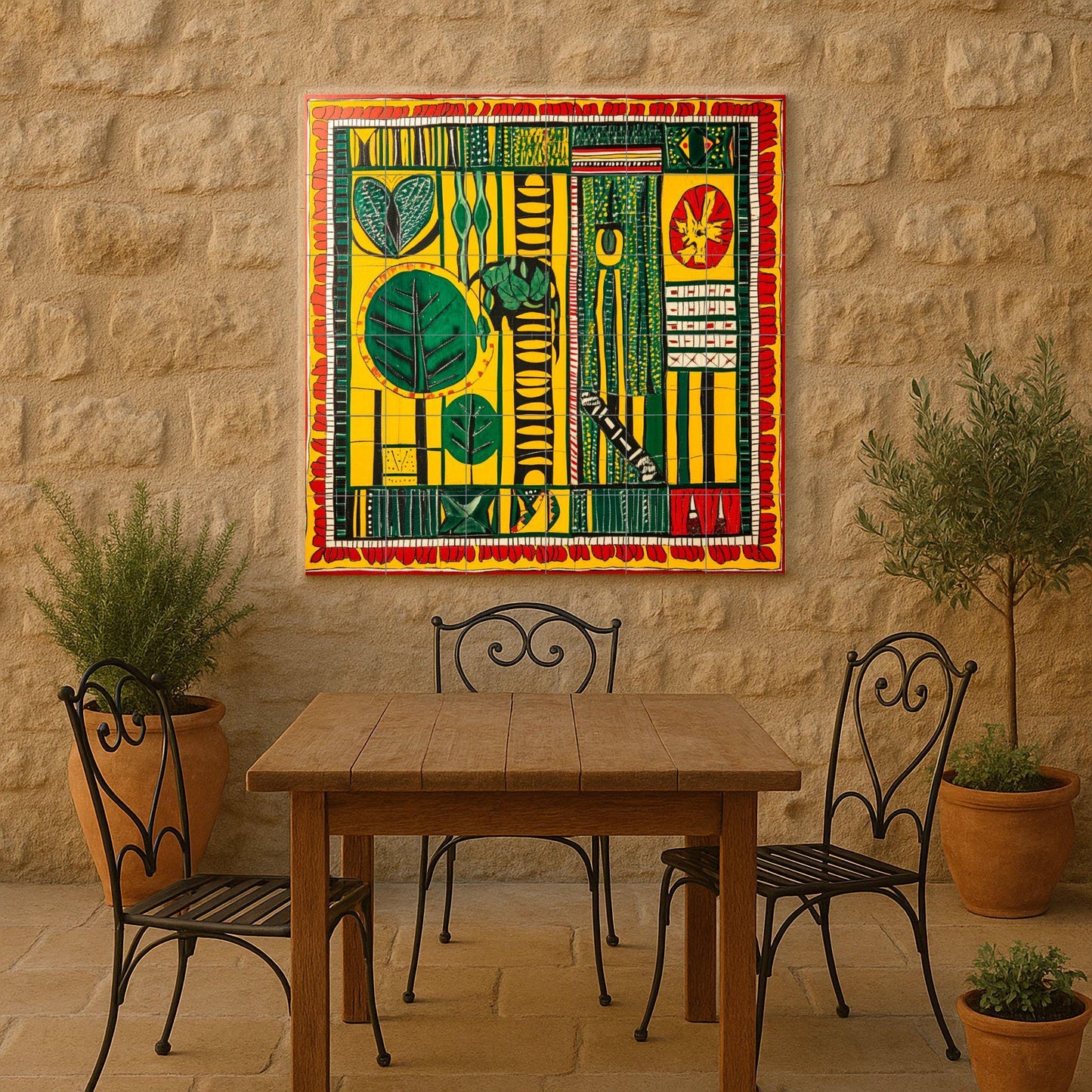 Senegalese wax fabric ceramic mural: African textile-inspired mural art with bold geometric motifs in vibrant yellow, green, and red patterns.