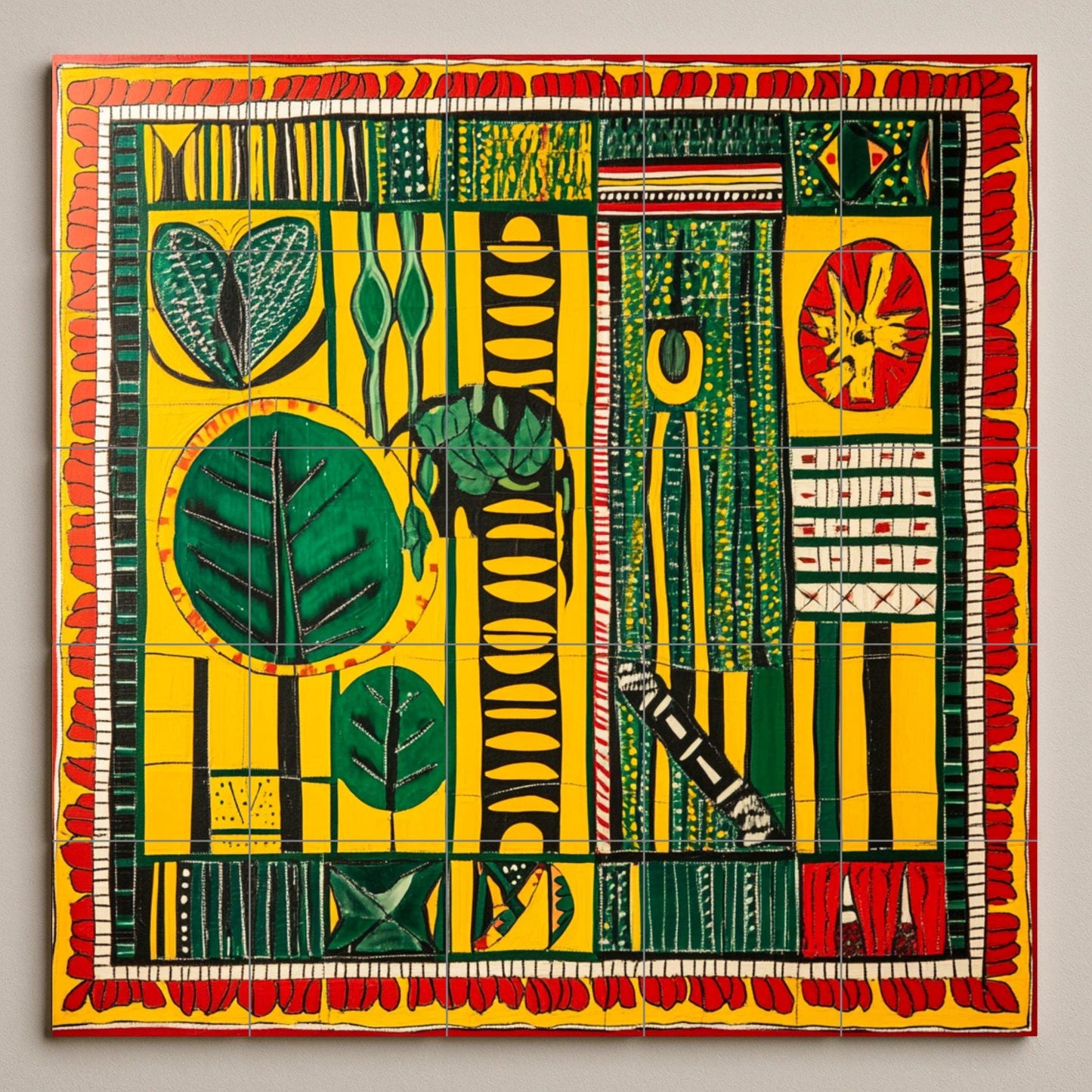Senegalese wax fabric ceramic mural: African textile-inspired mural art with bold geometric motifs in vibrant yellow, green, and red patterns.