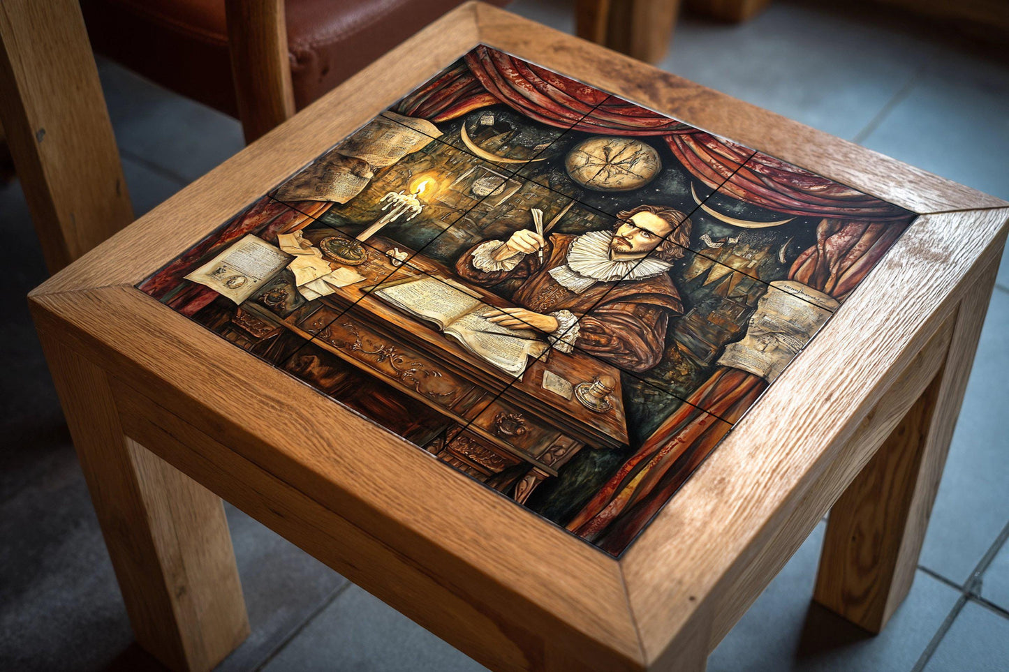 Shakespeare Mural: Ceramic mural art of English literature with an Elizabethan scholar sitting at a desk, candlelight and manuscripts, theatrical detail.
