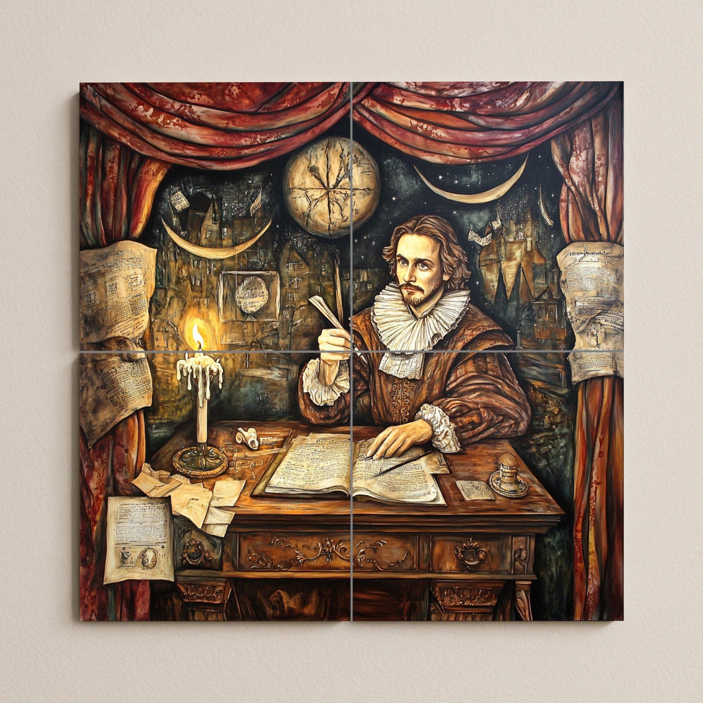 Shakespeare Mural: Ceramic mural art of English literature with an Elizabethan scholar sitting at a desk, candlelight and manuscripts, theatrical detail.