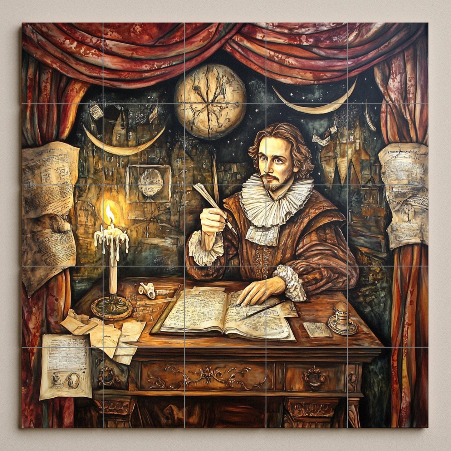 Shakespeare Mural: Ceramic mural art of English literature with an Elizabethan scholar sitting at a desk, candlelight and manuscripts, theatrical detail.