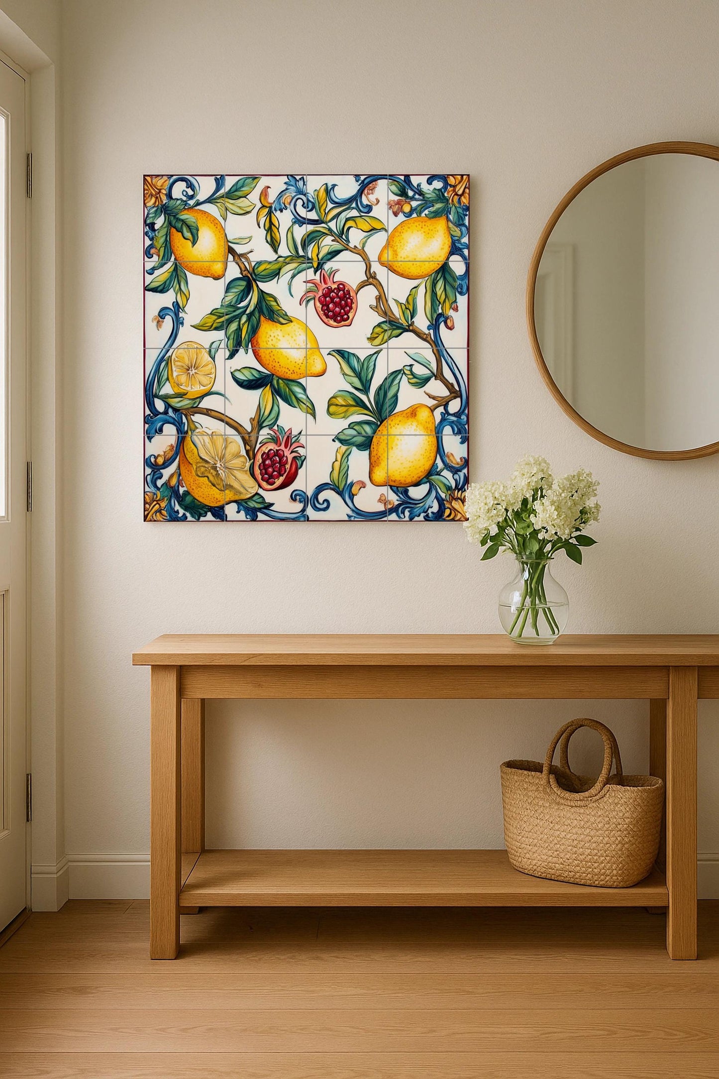 Valencian ceramic mural: lemons and pomegranates with blue scrolls, inspired by the Mediterranean orchards and the ceramic heritage of Manises.