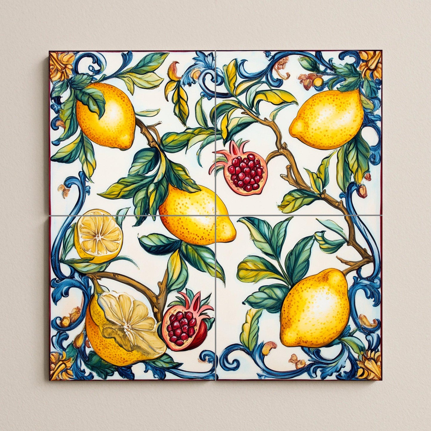 Valencian ceramic mural: lemons and pomegranates with blue scrolls, inspired by the Mediterranean orchards and the ceramic heritage of Manises.