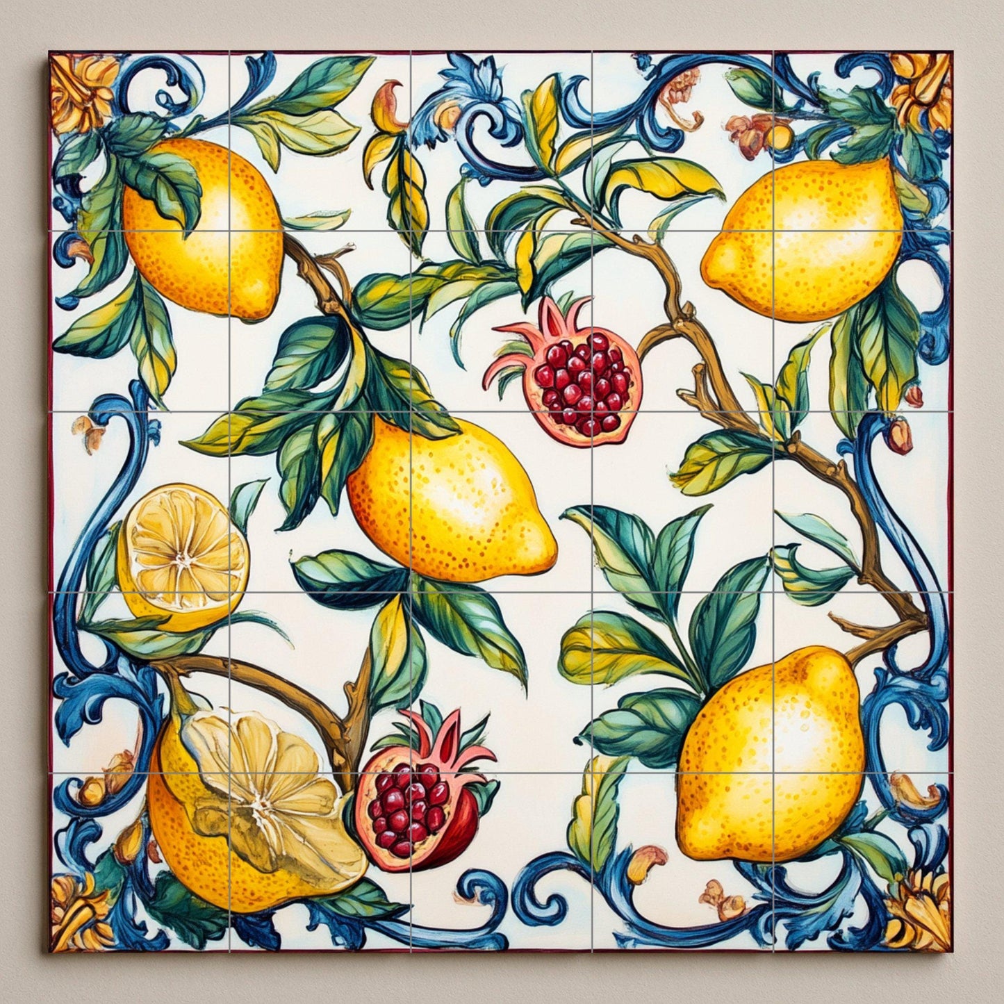 Valencian ceramic mural: lemons and pomegranates with blue scrolls, inspired by the Mediterranean orchards and the ceramic heritage of Manises.
