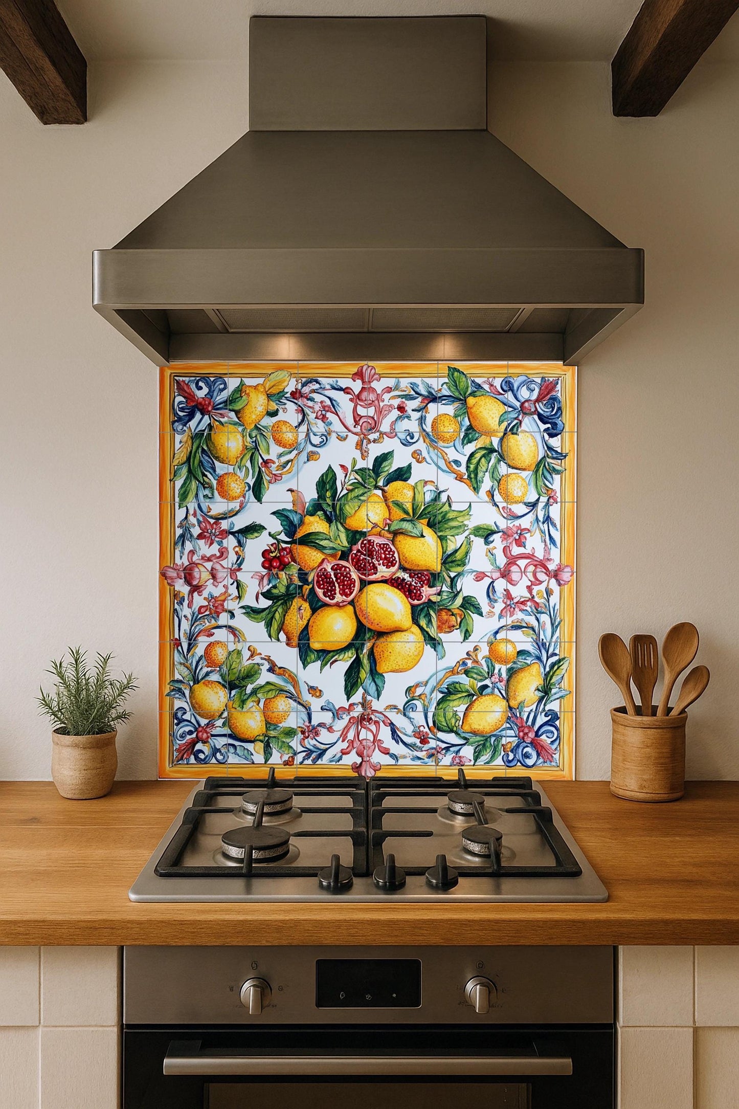 Sicilian majolica mural: lemons and pomegranates in vibrant Mediterranean colors, bordered with rococo spirals on glazed ceramic tiles.