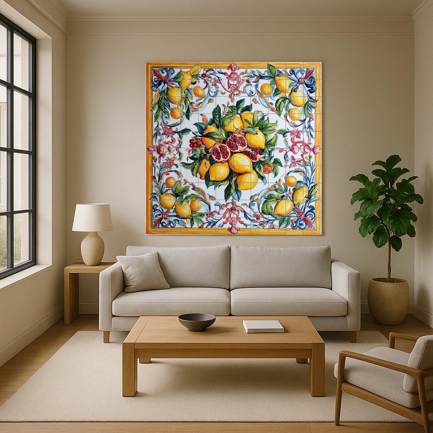 Sicilian majolica mural: lemons and pomegranates in vibrant Mediterranean colors, bordered with rococo spirals on glazed ceramic tiles.