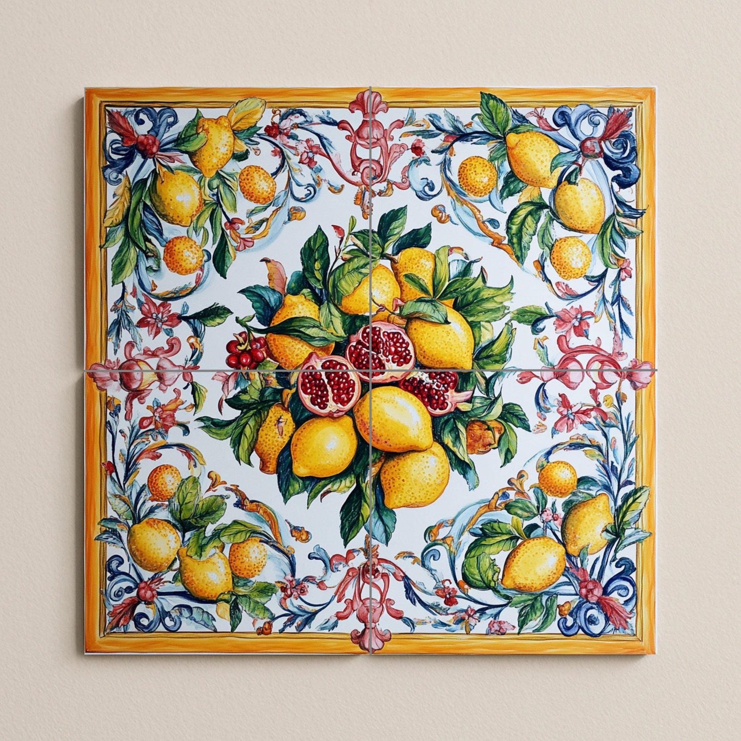 Sicilian majolica mural: lemons and pomegranates in vibrant Mediterranean colors, bordered with rococo spirals on glazed ceramic tiles.