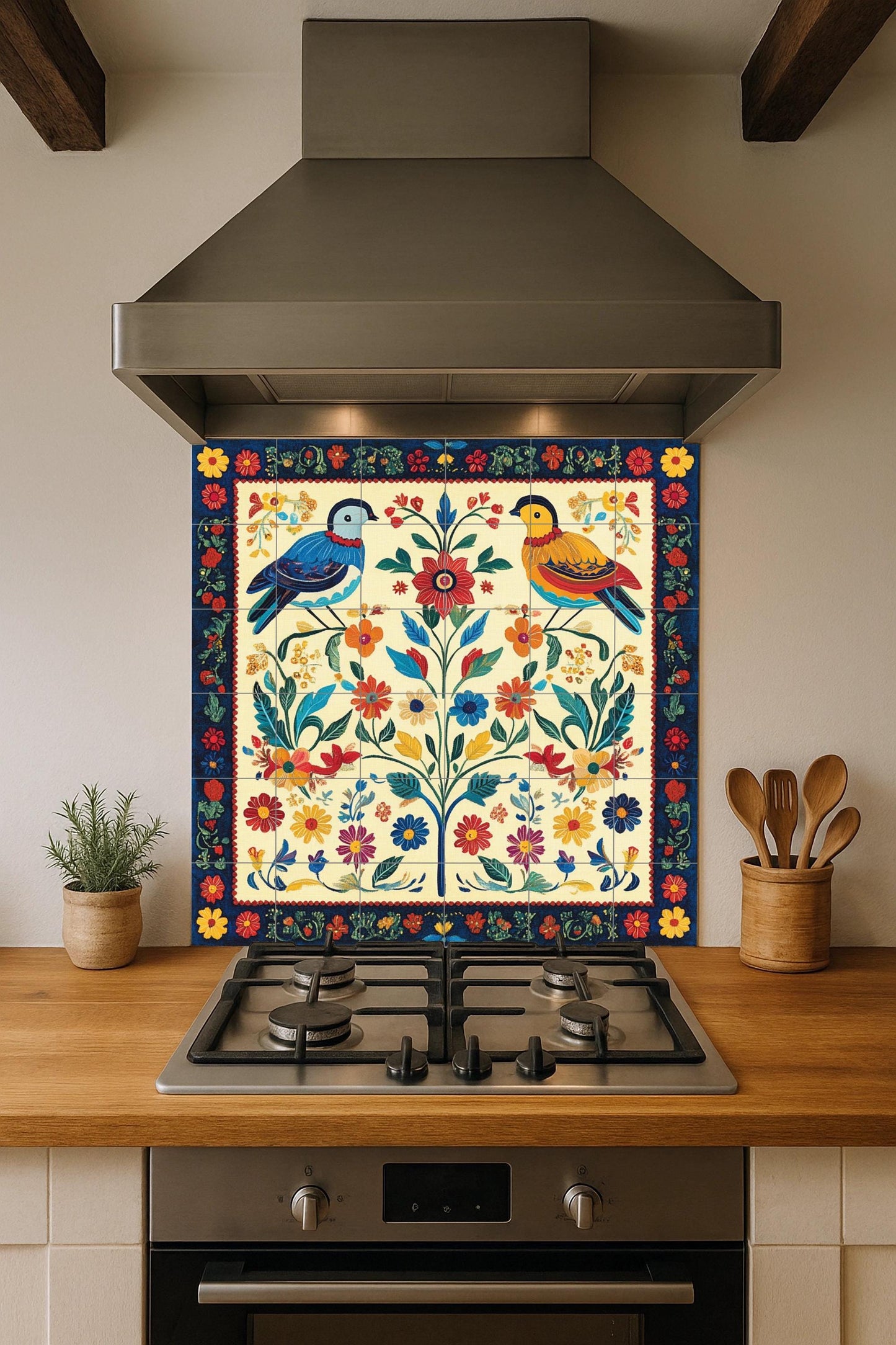 Popular Slovak mural: colorful birds and flowers in a symmetrical design, inspired by traditional embroidery and the art of the Carpathian peoples.