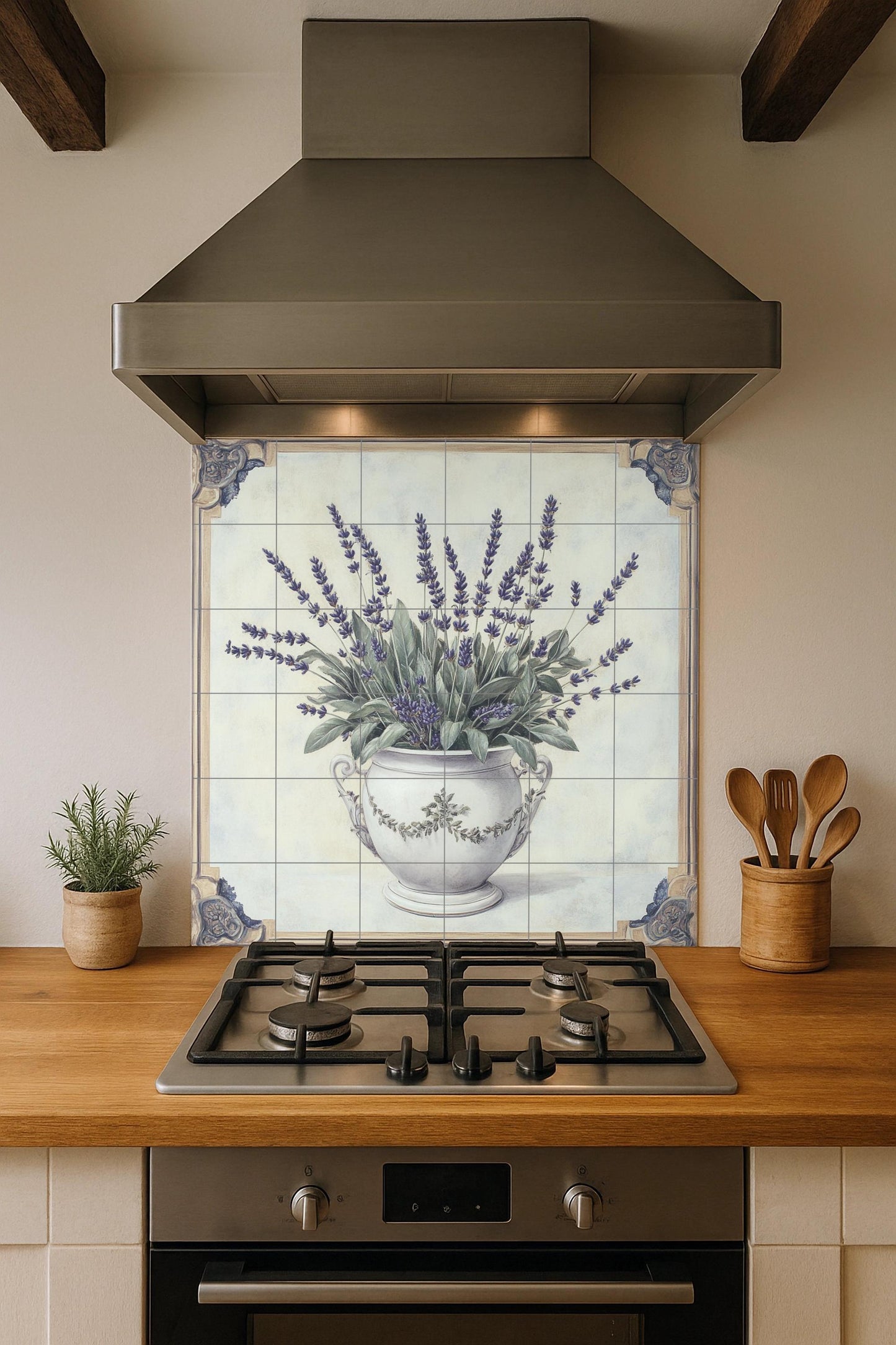 Lavender mural: Ceramic wall art with an elegant floral vase design, decorative tile panel for kitchen, bathroom or garden decoration.