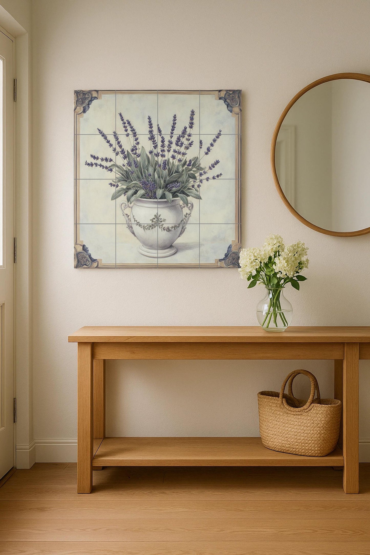 Lavender mural: Ceramic wall art with an elegant floral vase design, decorative tile panel for kitchen, bathroom or garden decoration.