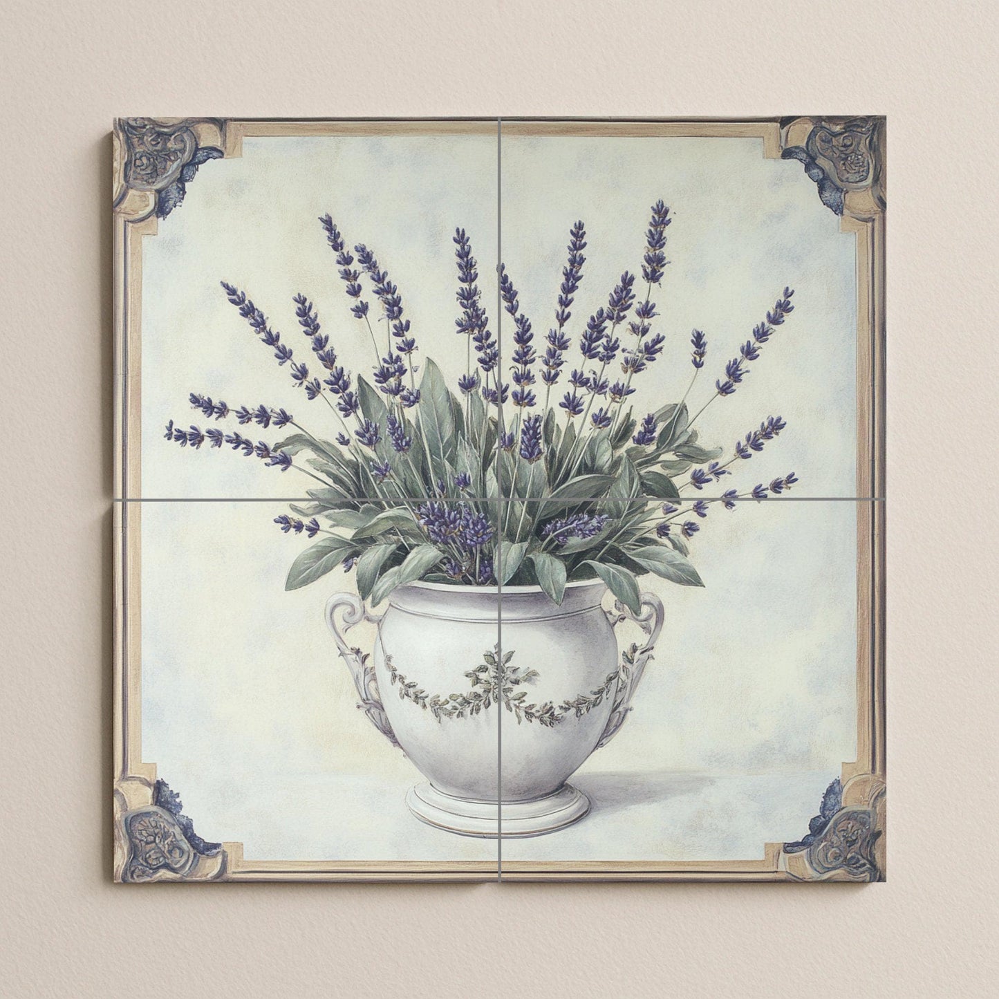 Lavender mural: Ceramic wall art with an elegant floral vase design, decorative tile panel for kitchen, bathroom or garden decoration.