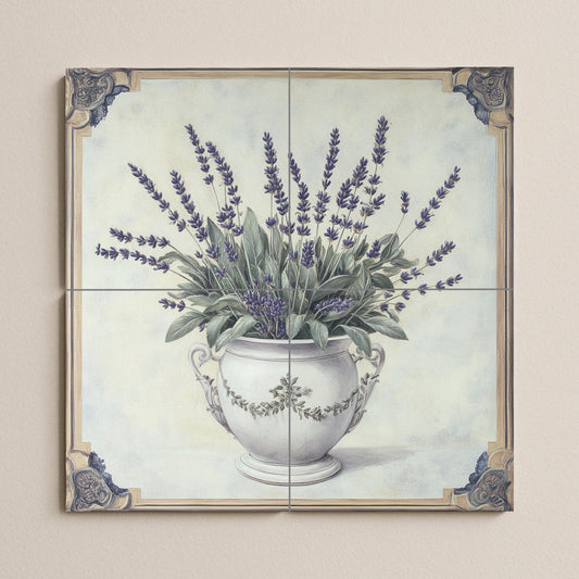 Lavender mural: Ceramic wall art with an elegant floral vase design, decorative tile panel for kitchen, bathroom or garden decoration.