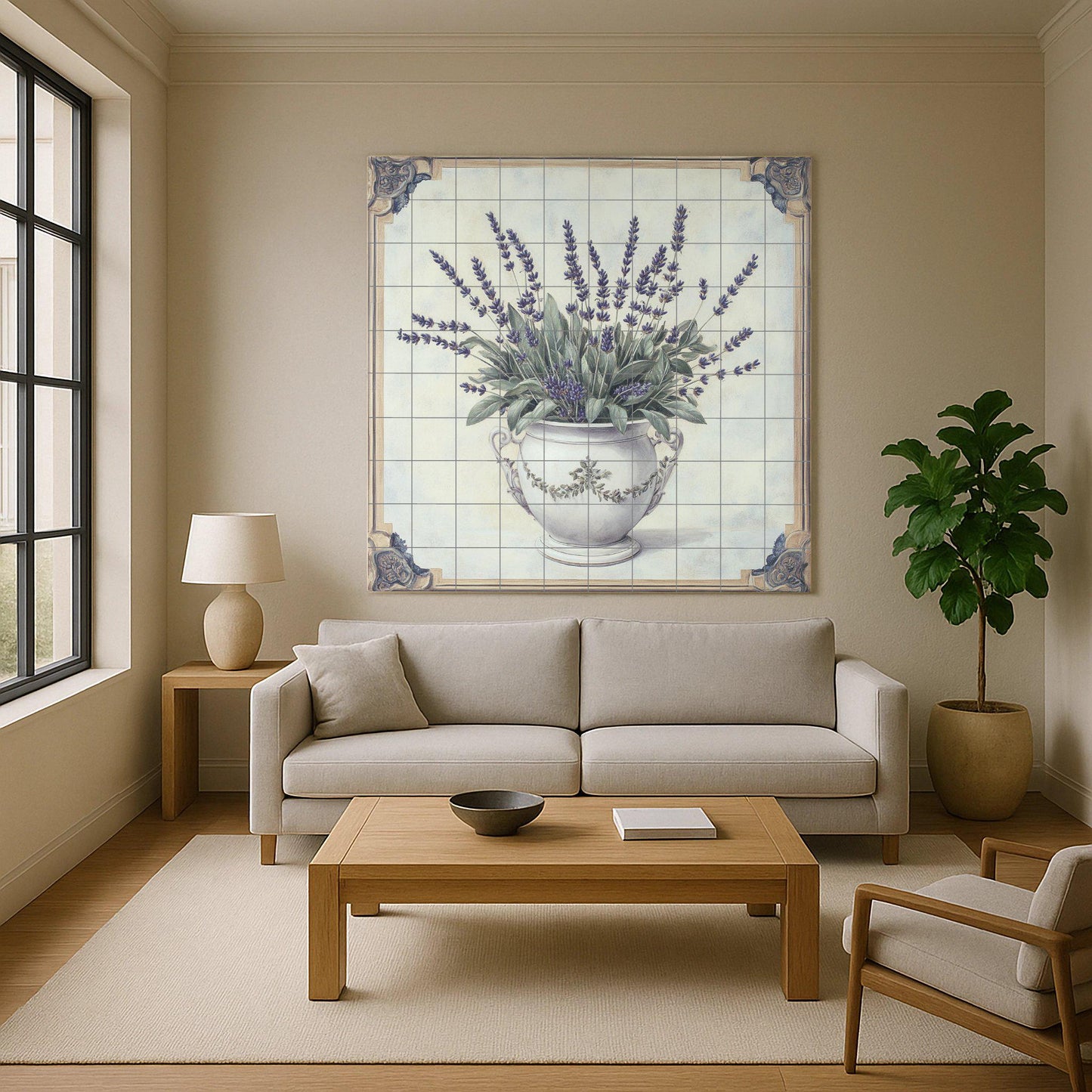 Lavender mural: Ceramic wall art with an elegant floral vase design, decorative tile panel for kitchen, bathroom or garden decoration.