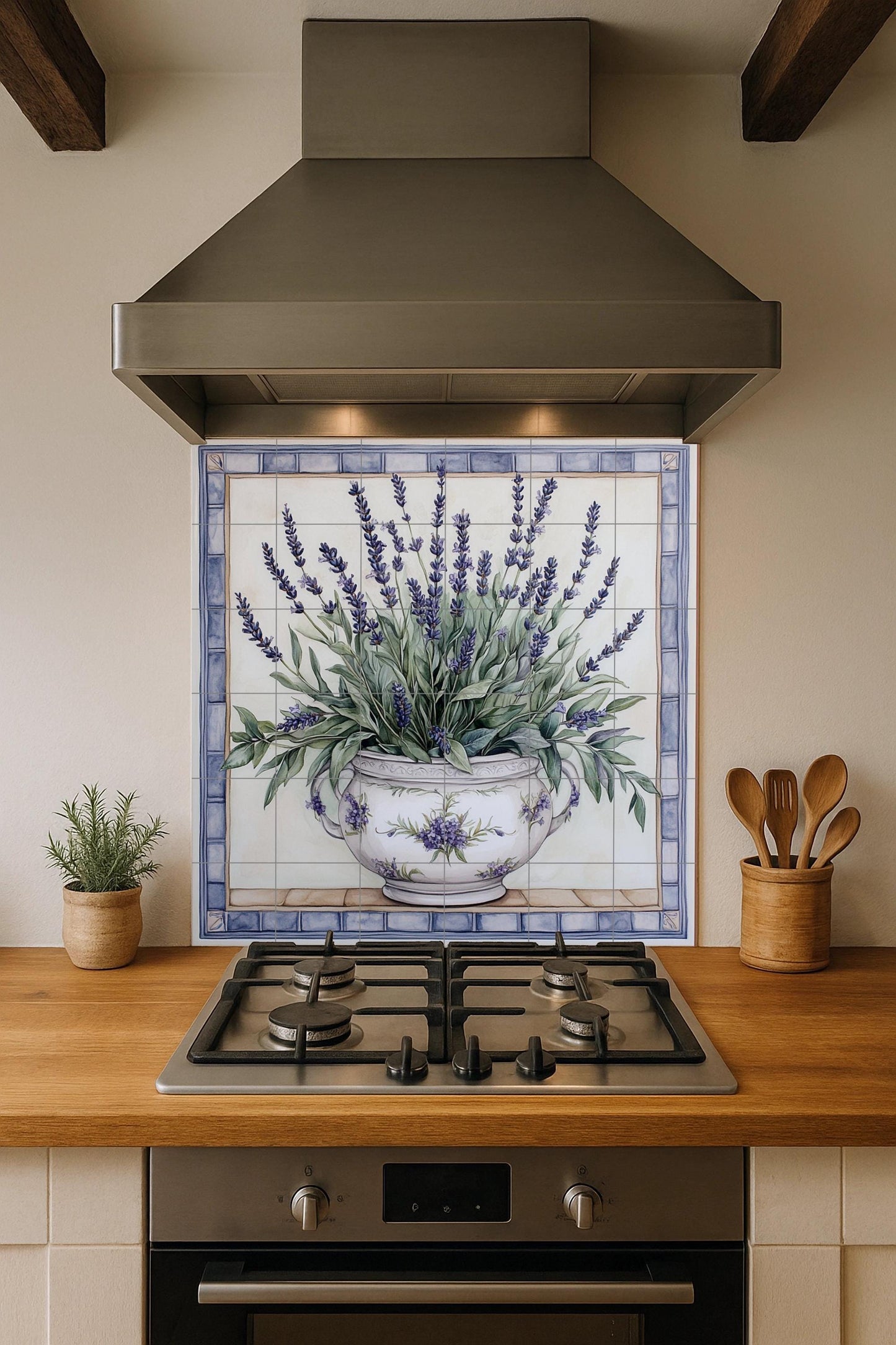 Provencal lavender mural: ceramic wall art with floral vase design, French rustic kitchen decor inspired by Provencal tradition.