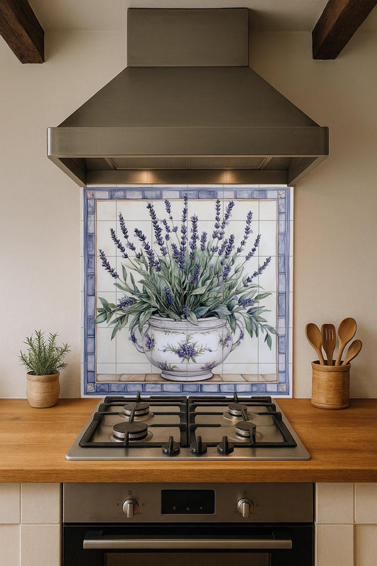 Provencal lavender mural: ceramic wall art with floral vase design, French rustic kitchen decor inspired by Provencal tradition.