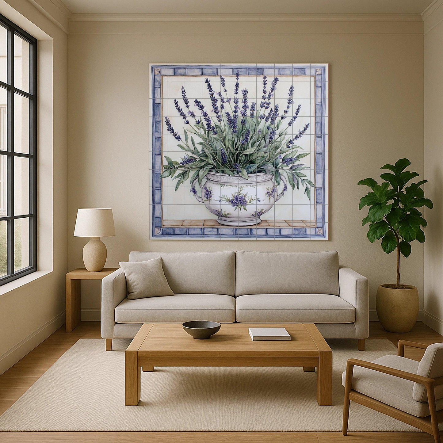 Provencal lavender mural: ceramic wall art with floral vase design, French rustic kitchen decor inspired by Provencal tradition.