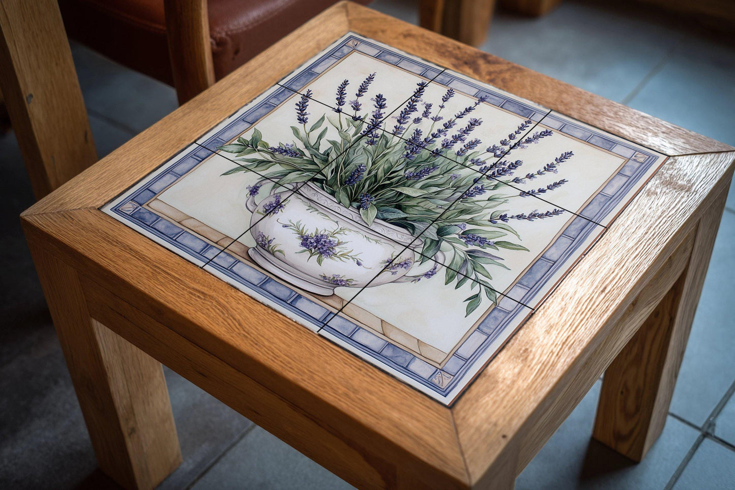 Provencal lavender mural: ceramic wall art with floral vase design, French rustic kitchen decor inspired by Provencal tradition.