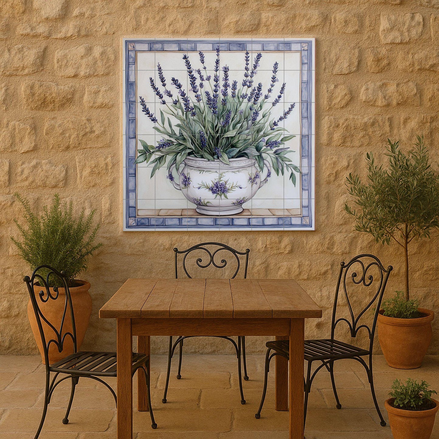 Provencal lavender mural: ceramic wall art with floral vase design, French rustic kitchen decor inspired by Provencal tradition.