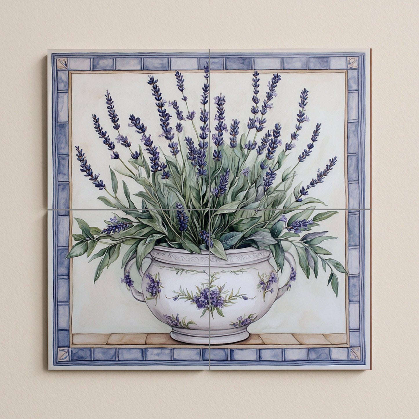 Provencal lavender mural: ceramic wall art with floral vase design, French rustic kitchen decor inspired by Provencal tradition.