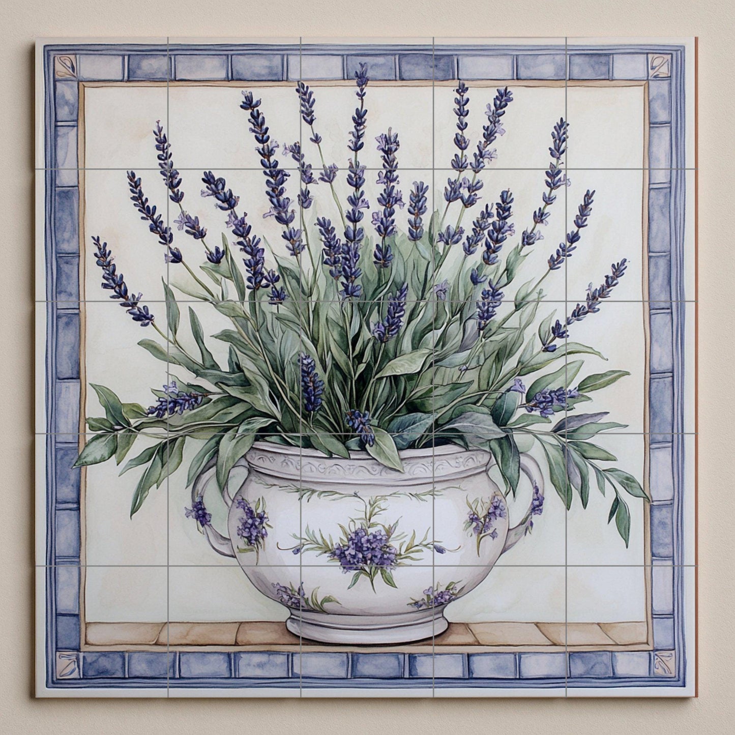 Provencal lavender mural: ceramic wall art with floral vase design, French rustic kitchen decor inspired by Provencal tradition.
