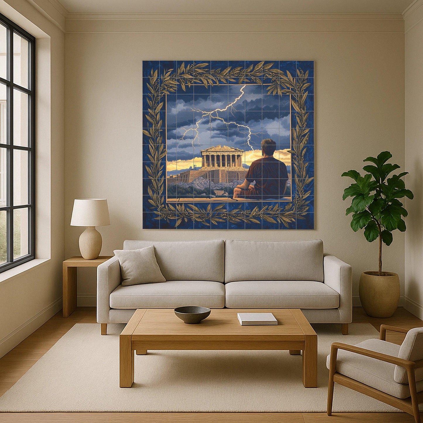Ceramic mural from the Greek Parthenon: stormy scene from the Acropolis with an olive wreath border, Hellenic heritage mural art, classical mythology of Athens