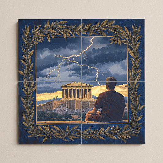Ceramic mural from the Greek Parthenon: stormy scene from the Acropolis with an olive wreath border, Hellenic heritage mural art, classical mythology of Athens