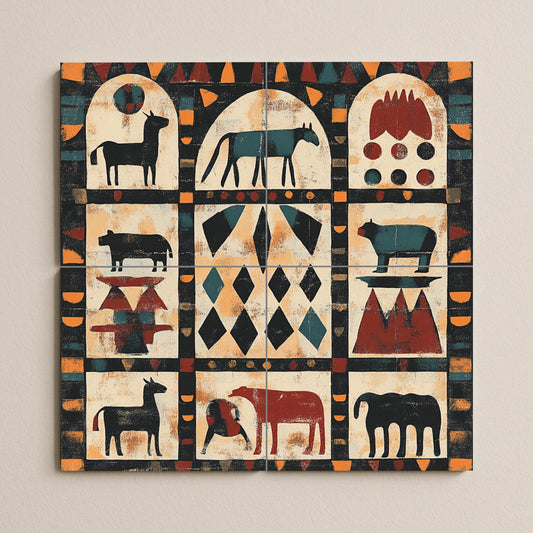Sudanese Nubian mural: ceramic mural art with geometric animal motifs, tribal arches in earth tones and African heritage panel inspired by adobe.