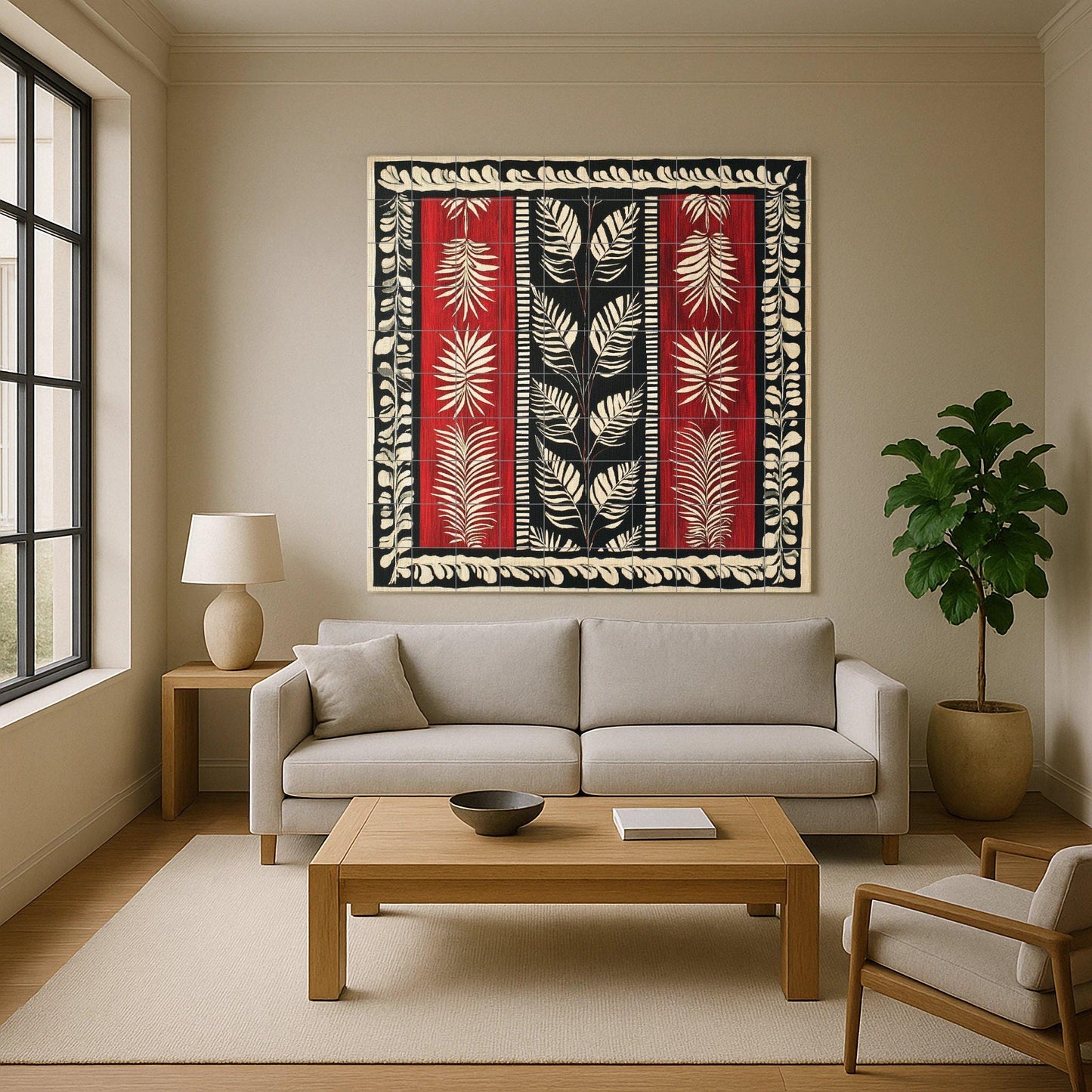 Garnet ceramic textile mural from Suriname: linear motifs in red, black and white with jungle leaves, Afro-Caribbean heritage mural art panel.