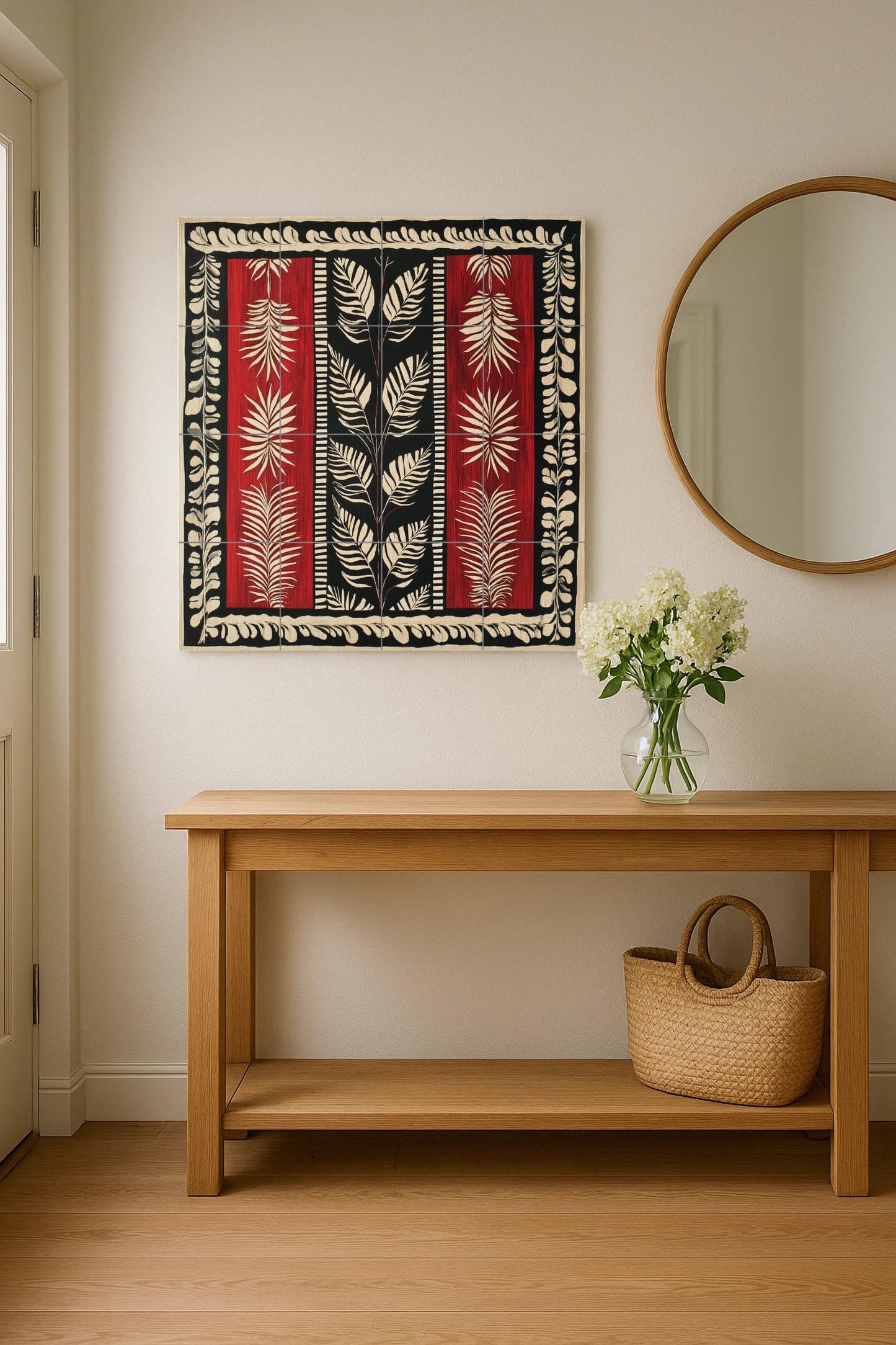 Garnet ceramic textile mural from Suriname: linear motifs in red, black and white with jungle leaves, Afro-Caribbean heritage mural art panel.
