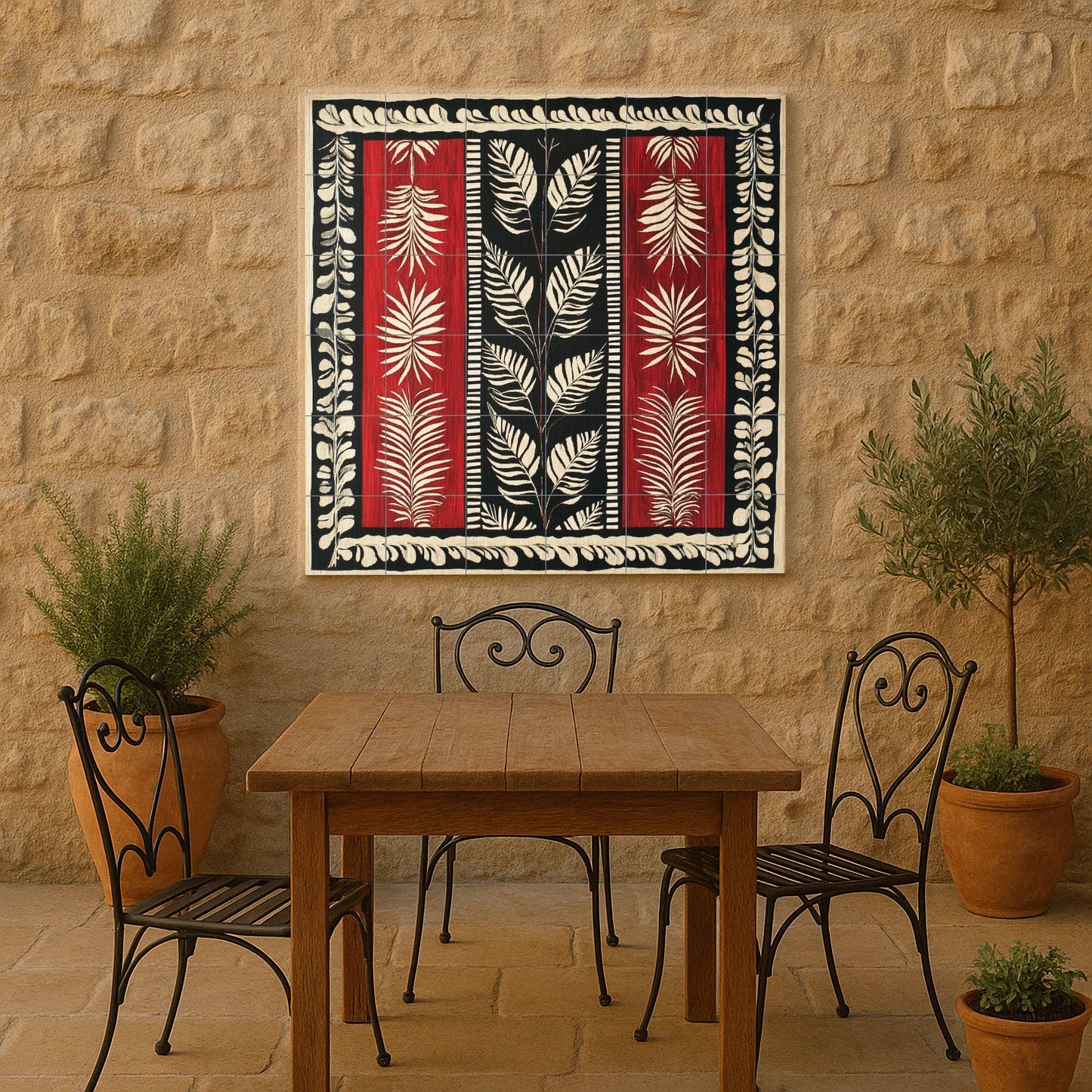 Garnet ceramic textile mural from Suriname: linear motifs in red, black and white with jungle leaves, Afro-Caribbean heritage mural art panel.