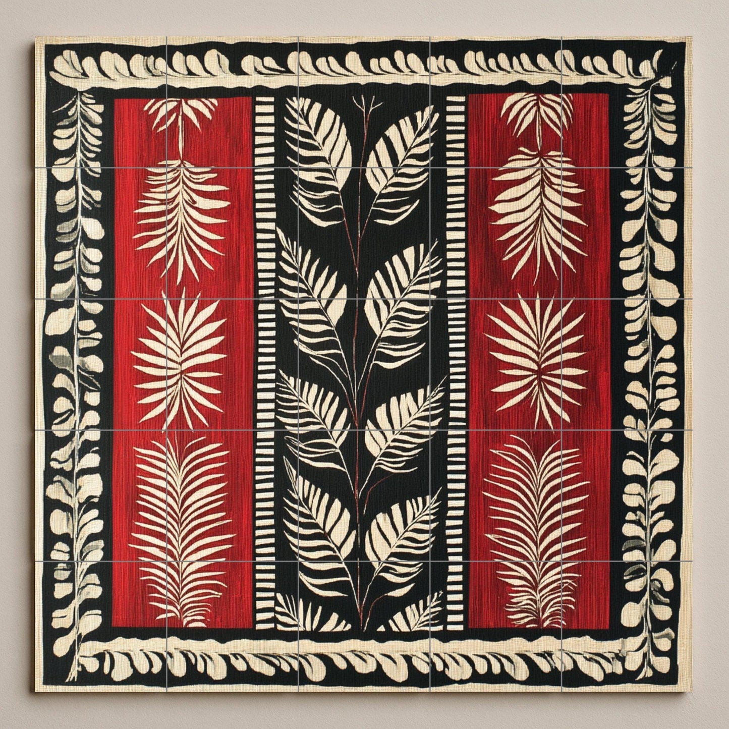 Garnet ceramic textile mural from Suriname: linear motifs in red, black and white with jungle leaves, Afro-Caribbean heritage mural art panel.