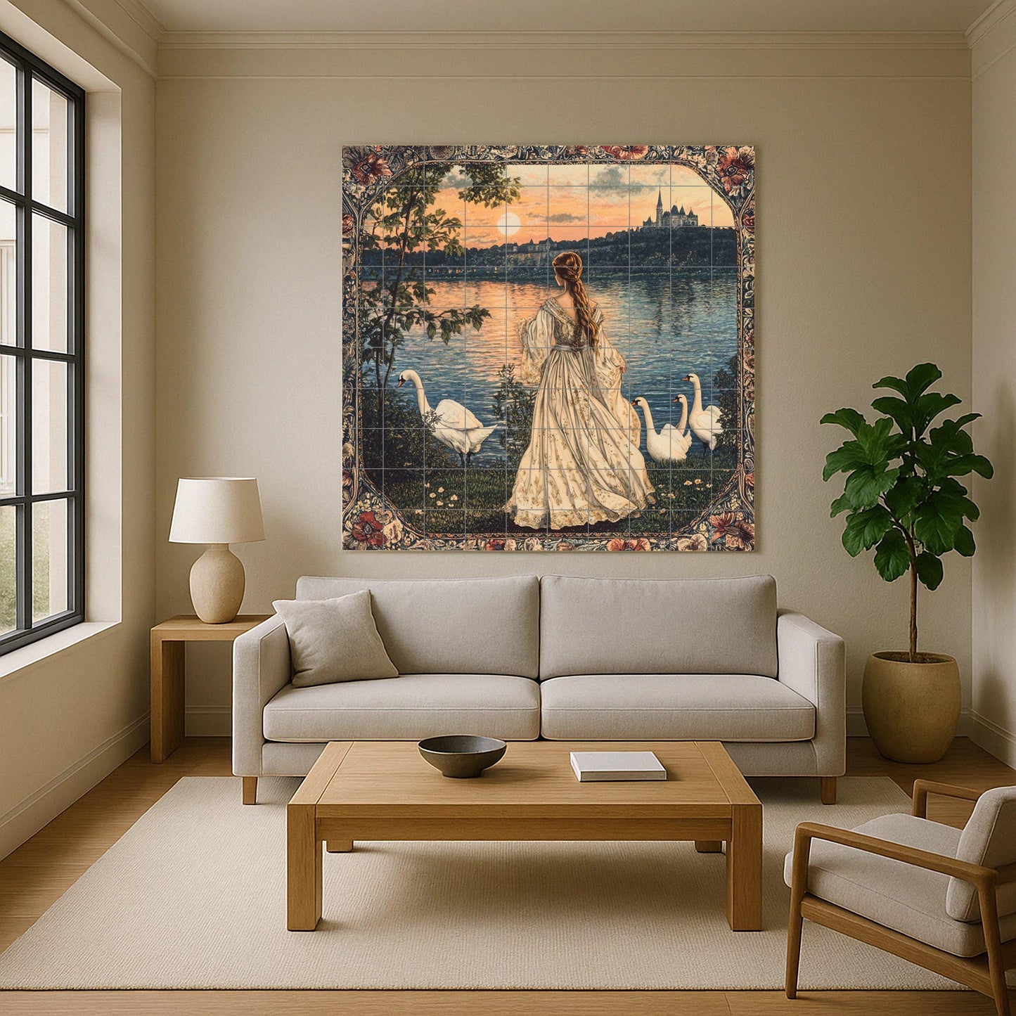French ceramic mural: romantic woman by the lake with swans, horizon of a castle at sunset, Parisian elegance and inspiration from the Loire Valley.