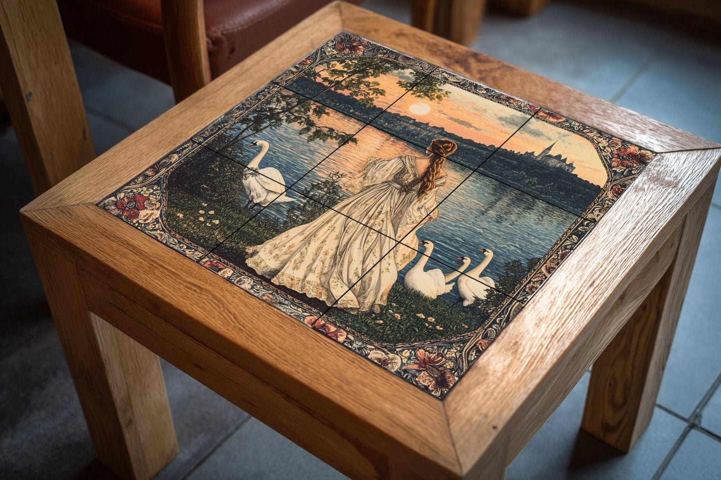 French ceramic mural: romantic woman by the lake with swans, horizon of a castle at sunset, Parisian elegance and inspiration from the Loire Valley.