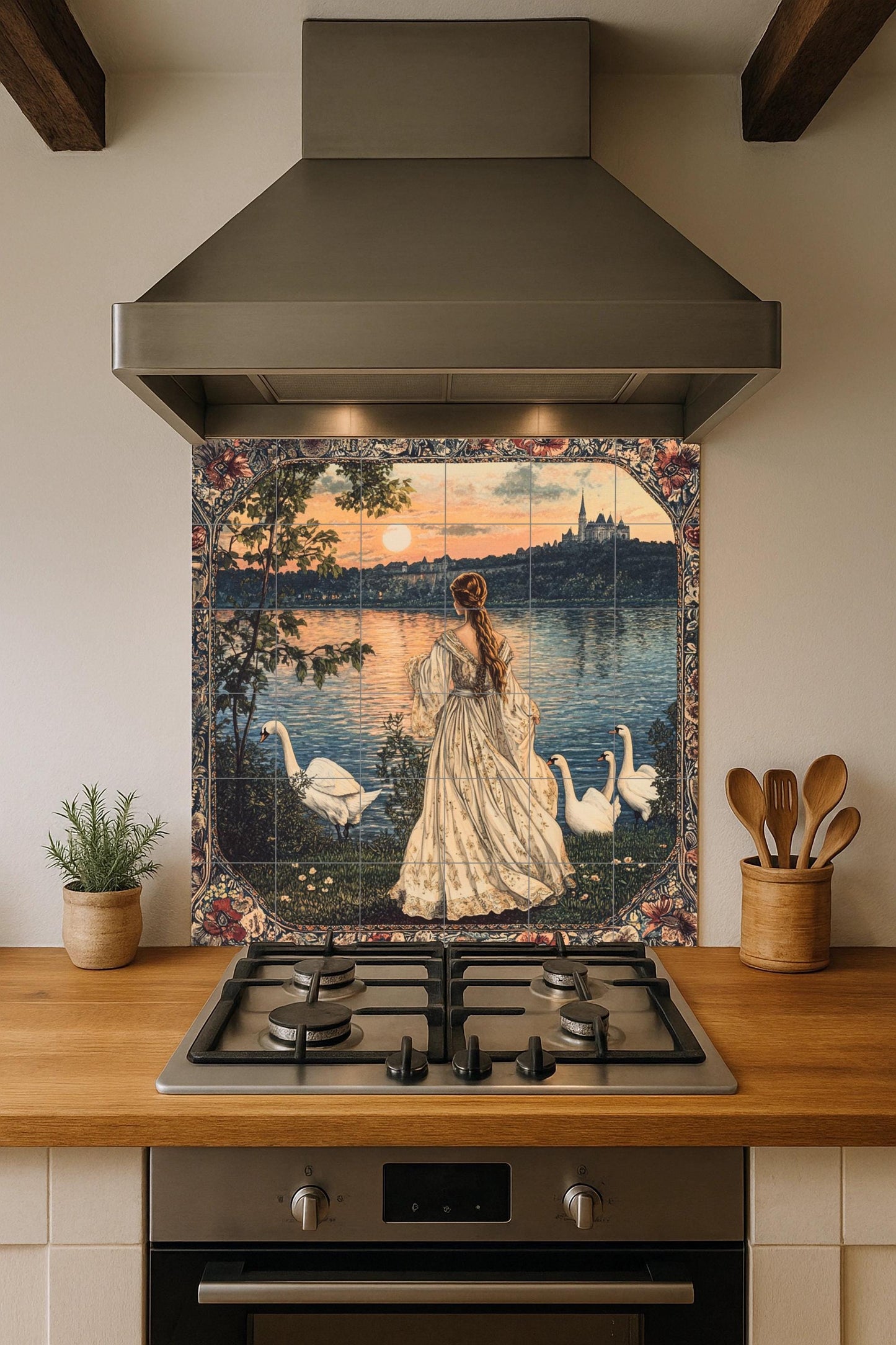 French ceramic mural: romantic woman by the lake with swans, horizon of a castle at sunset, Parisian elegance and inspiration from the Loire Valley.