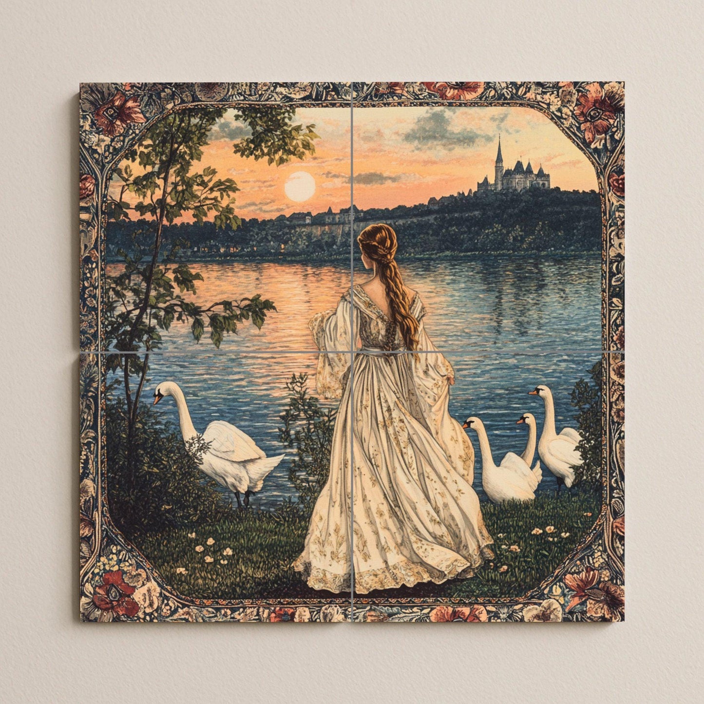 French ceramic mural: romantic woman by the lake with swans, horizon of a castle at sunset, Parisian elegance and inspiration from the Loire Valley.