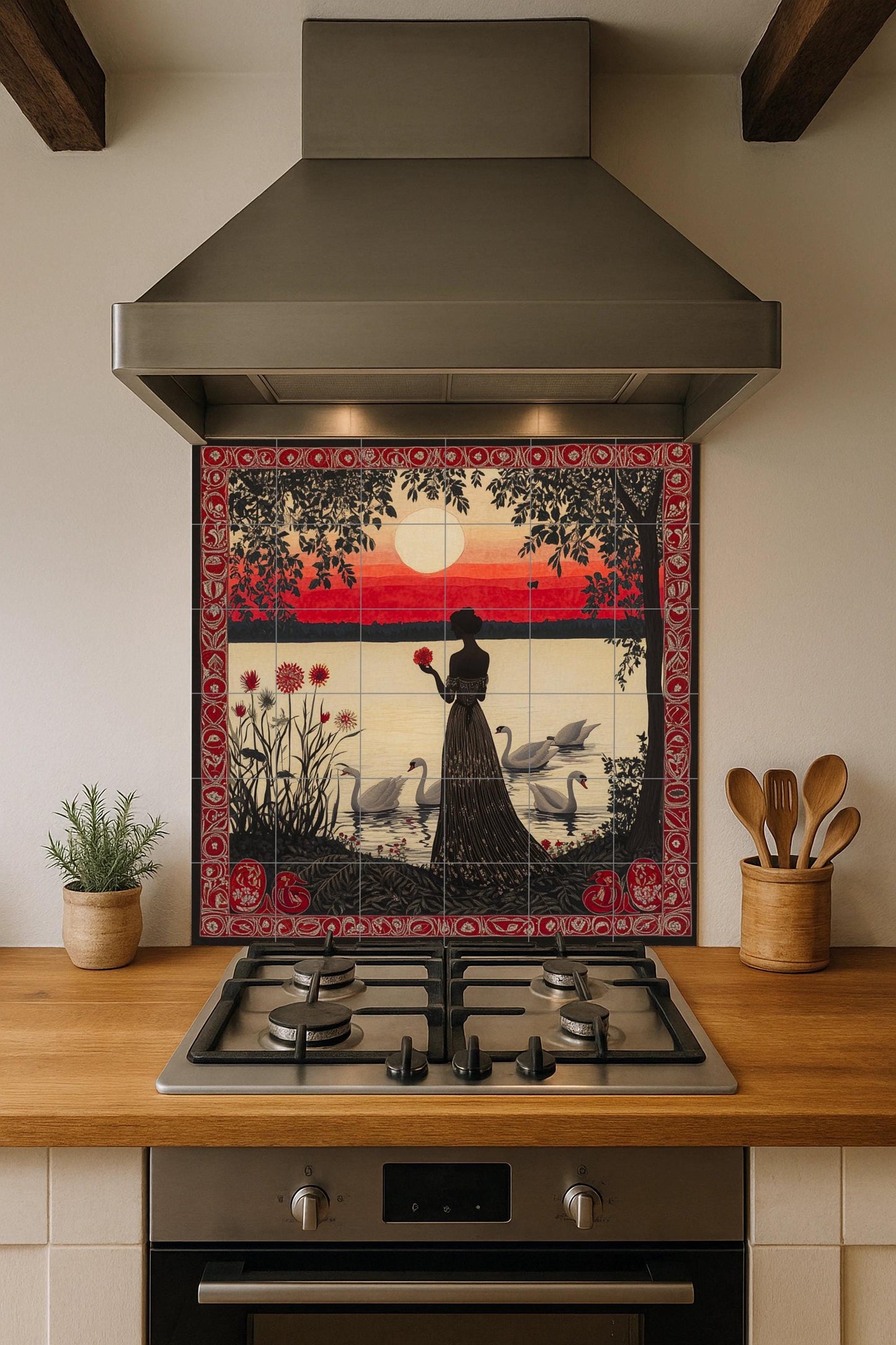 Crimson twilight ceramic mural: silhouette of a woman with swans at sunset, ornate red ornamental border and decorative wall art by the lake.