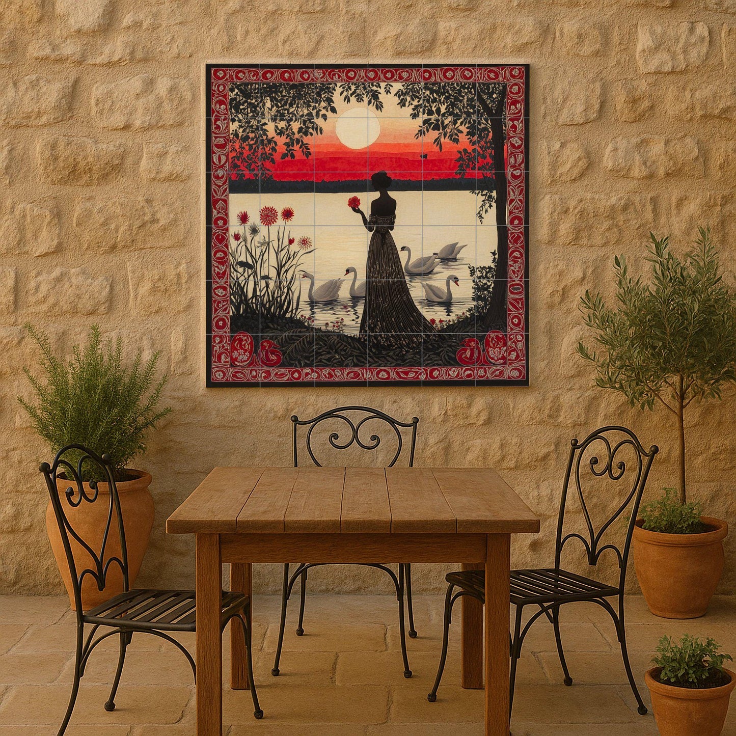 Crimson twilight ceramic mural: silhouette of a woman with swans at sunset, ornate red ornamental border and decorative wall art by the lake.