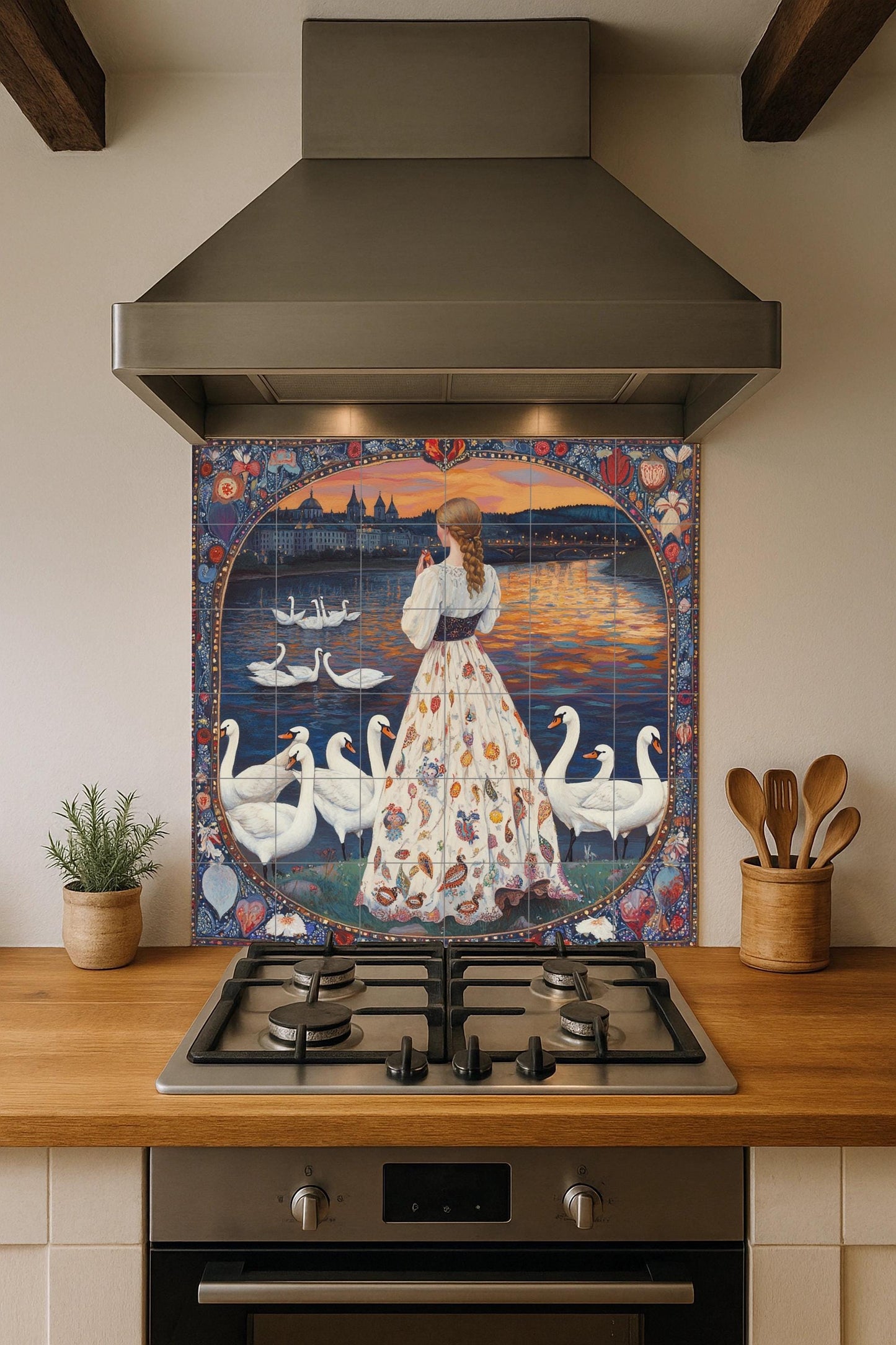 Folk ceramic mural: swans on a lake at sunset with a woman in a floral dress, fairy tale border and narrative wall art.