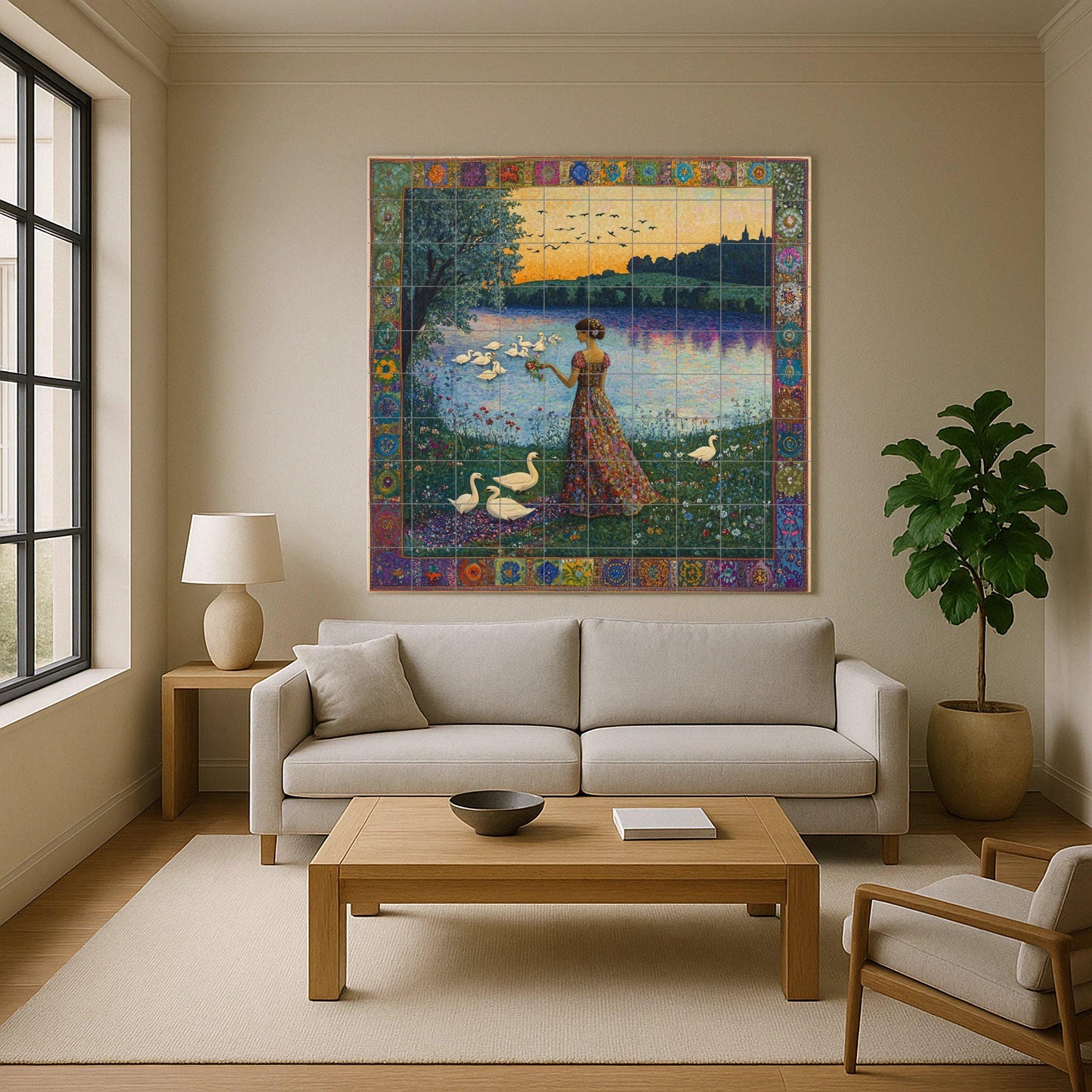 Art Nouveau ceramic mural: woman with swans on a lake at sunset, floral dress and jewel-embellished border, decorative ceramic wall panel.