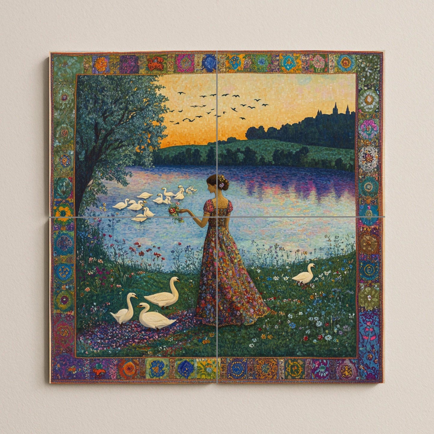 Art Nouveau ceramic mural: woman with swans on a lake at sunset, floral dress and jewel-embellished border, decorative ceramic wall panel.