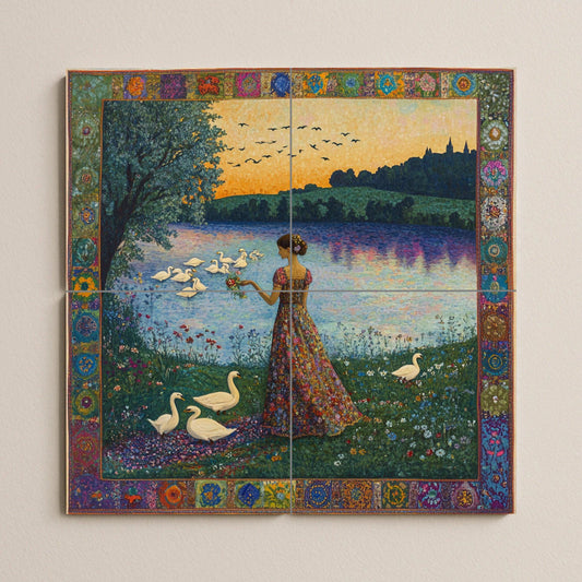 Art Nouveau ceramic mural: woman with swans on a lake at sunset, floral dress and jewel-embellished border, decorative ceramic wall panel.