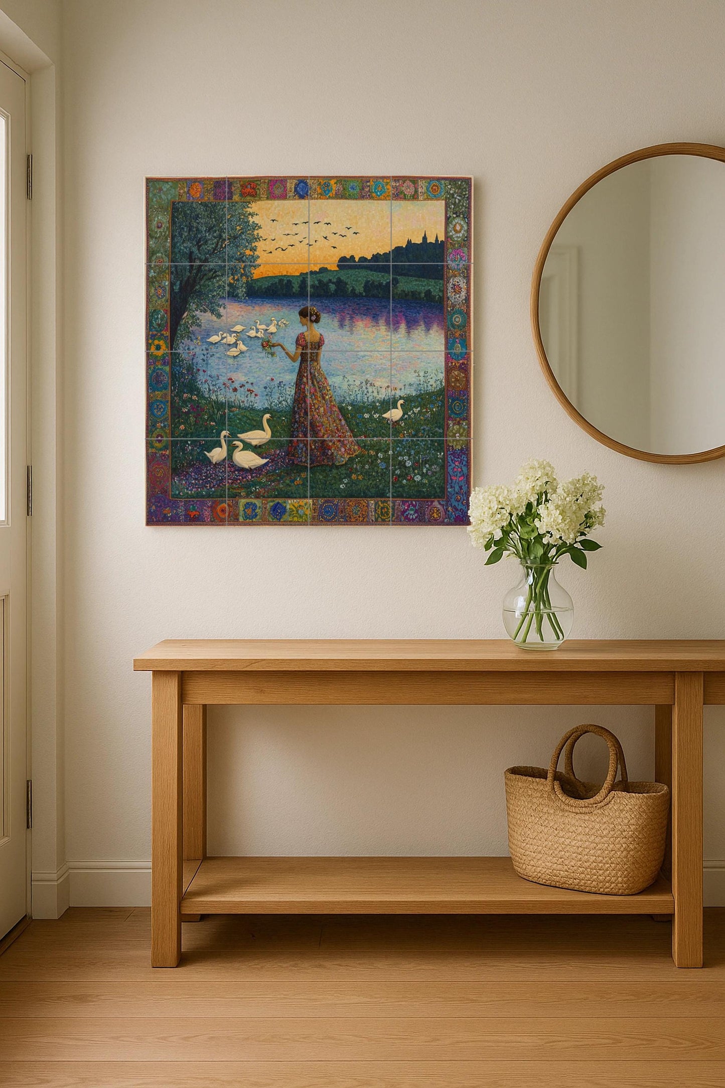 Art Nouveau ceramic mural: woman with swans on a lake at sunset, floral dress and jewel-embellished border, decorative ceramic wall panel.