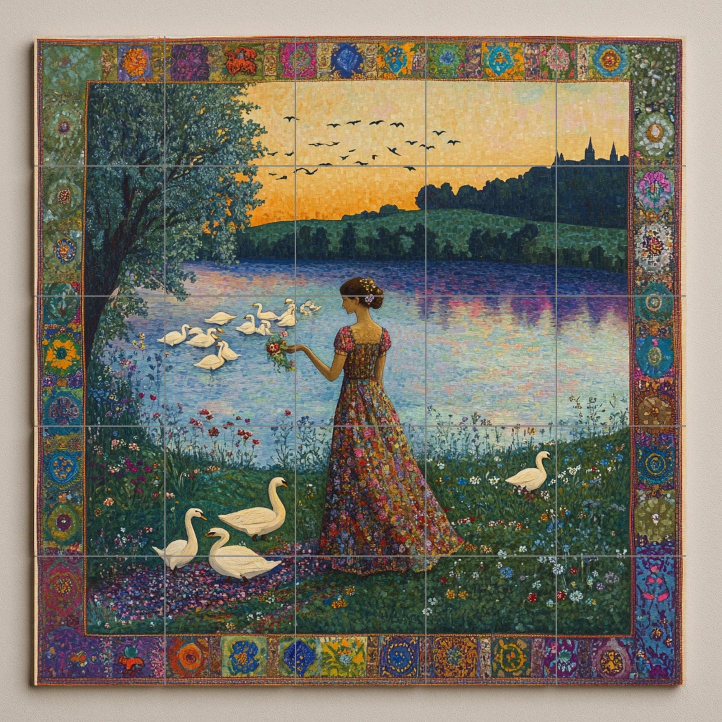 Art Nouveau ceramic mural: woman with swans on a lake at sunset, floral dress and jewel-embellished border, decorative ceramic wall panel.