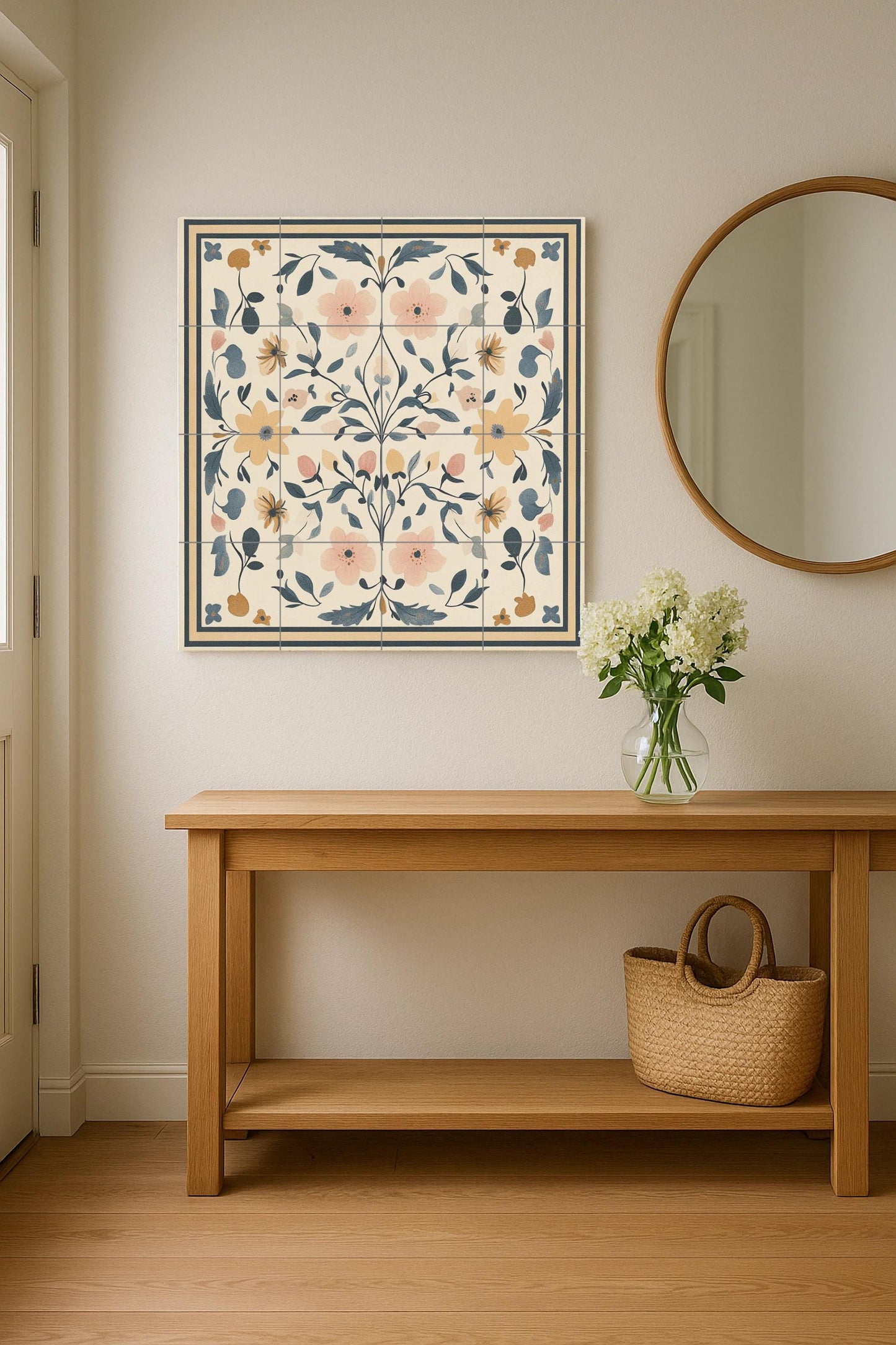 Floral ceramic mural of Swedish kurbits: folk art symmetry from the traditions of Dalarna, Mora and Uppsala, Nordic decorative panel in pastel shades