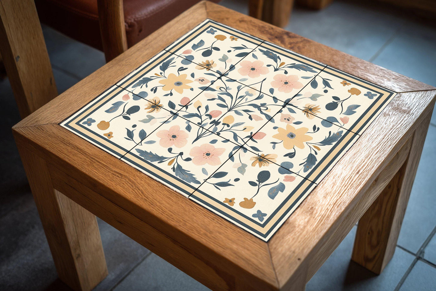 Floral ceramic mural of Swedish kurbits: folk art symmetry from the traditions of Dalarna, Mora and Uppsala, Nordic decorative panel in pastel shades