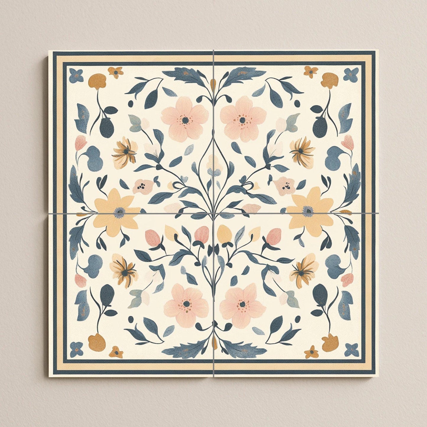 Floral ceramic mural of Swedish kurbits: folk art symmetry from the traditions of Dalarna, Mora and Uppsala, Nordic decorative panel in pastel shades