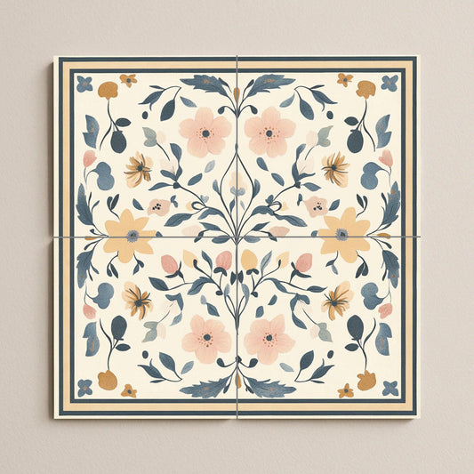 Floral ceramic mural of Swedish kurbits: folk art symmetry from the traditions of Dalarna, Mora and Uppsala, Nordic decorative panel in pastel shades