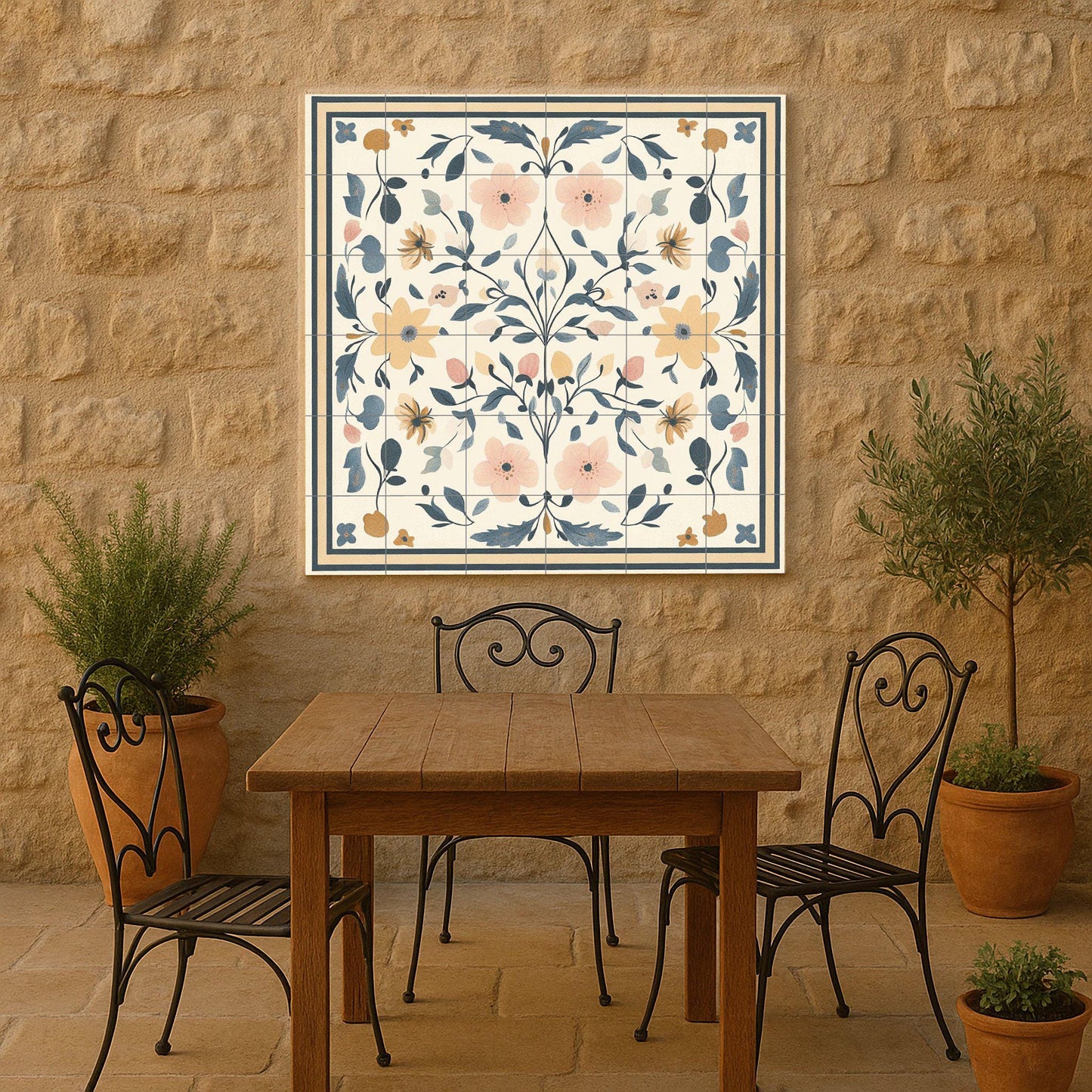 Floral ceramic mural of Swedish kurbits: folk art symmetry from the traditions of Dalarna, Mora and Uppsala, Nordic decorative panel in pastel shades